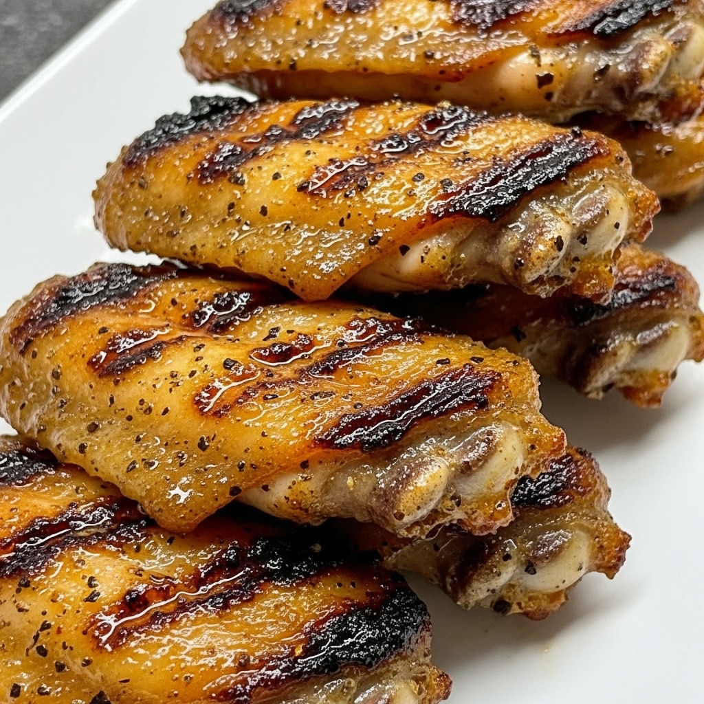 The image shows a close-up of several grilled chicken wings on a white plate. The wings have a crispy, golden-brown skin with dark grill marks and a shiny, slightly sticky glaze. Small bits of black pepper and herbs are visible, adding texture to the surface. The chicken pieces overlap each other, creating a layered look with warm, rich colors of orange, brown, and hints of black. The background is a white marbled texture, adding a clean and bright contrast to the vibrant wings. Photo taken with an iphone --ar 4:5 --v 7