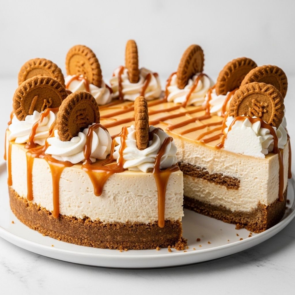 A white plate holds a cheesecake with three visible layers: a crumbly brown crust at the bottom, a smooth pale cream cheesecake in the middle, and a light cream topping. The cheesecake is decorated with brown crumbles arranged around the edge and swirls of whipped cream. Caramel sauce is drizzled across the top and down the sides in thin lines. One slice is cut out, showing the texture inside clearly. The background is a white marbled surface. Photo taken with an iphone --ar 4:5 --v 7