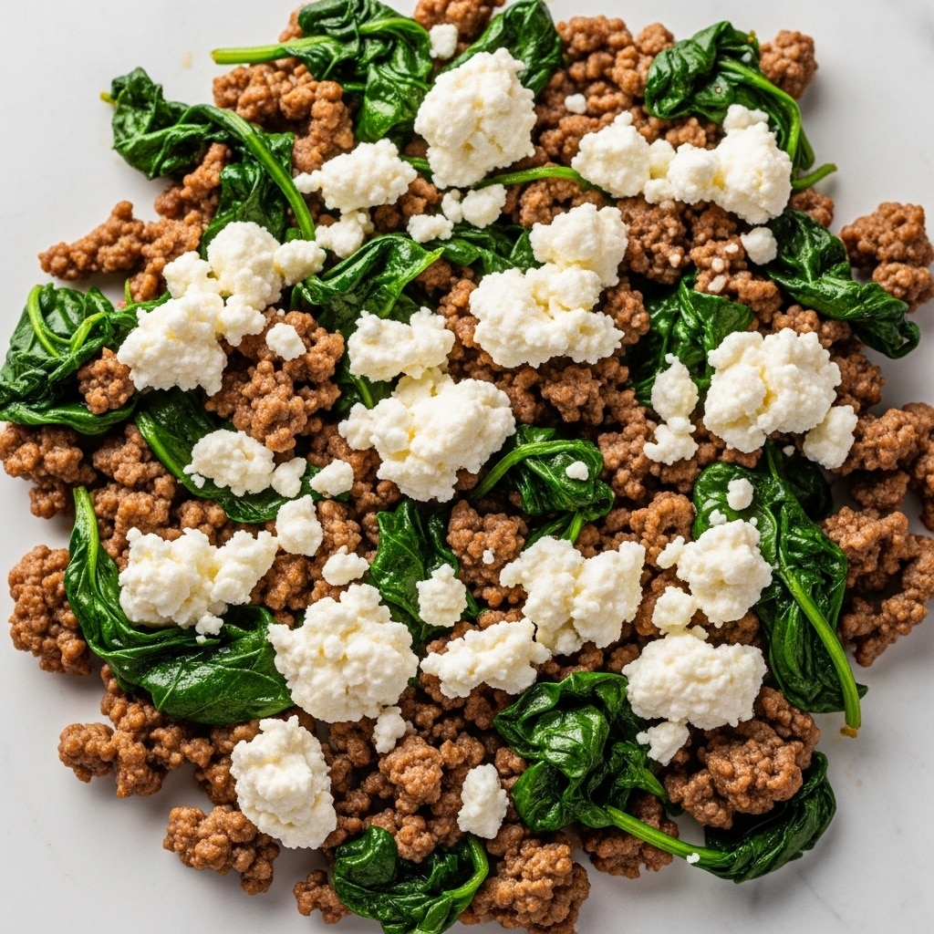 The dish shows a close-up of a cooked mixture on a white marbled surface. There is a base layer of browned ground meat, with cooked dark green spinach leaves scattered on top. The top layer has small white crumbles of cheese spread evenly over the meat and spinach. The textures are rich and slightly oily, with the cheese adding a soft contrast against the savory meat and wilted spinach. photo taken with an iphone --ar 4:5 --v 7
