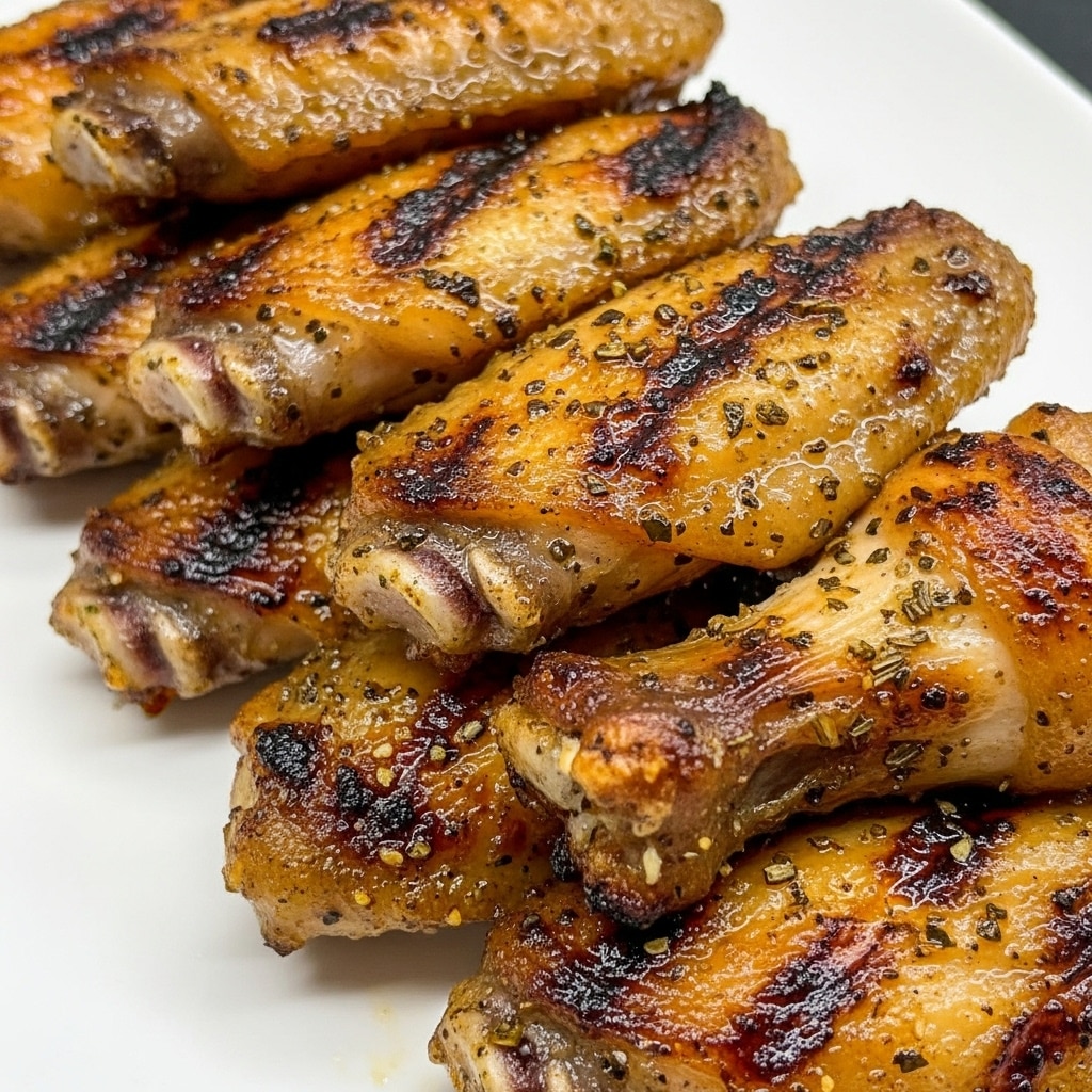 A white plate holds six grilled chicken wings stacked closely together, each wing showing a crispy texture with a mix of golden brown and dark charred spots. The wings have a slightly shiny glaze with specks of herbs and spices visible on their surface. The close-up view emphasizes the juicy, well-cooked meat with a rough, uneven skin texture, and the wings fill most of the frame. Photo taken with an iphone --ar 4:5 --v 7