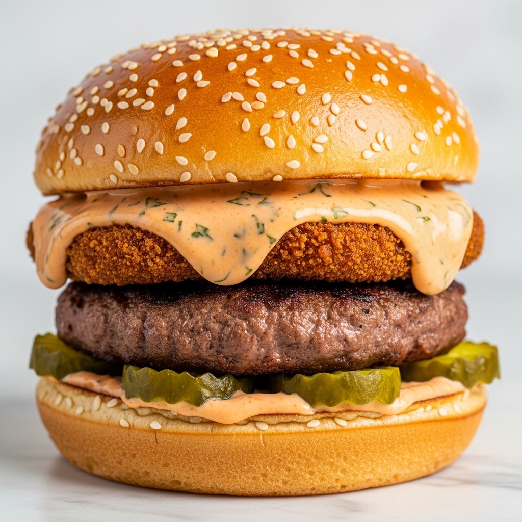 The image shows a close-up of a juicy burger with a sesame seed bun on a white marbled surface. The burger has four visible layers: at the bottom is a soft, golden bun layer, topped with a row of green pickle slices; above this is a thick, grilled beef patty with a crispy outer texture; on top of the patty is a generous layer of creamy orange sauce with herbs mixed in, slightly dripping over the sides; the top bun is golden brown with sesame seeds scattered evenly across. The lighting highlights the shiny texture of the sauce and the slight glisten on the beef. Photo taken with an iphone --ar 4:5 --v 7