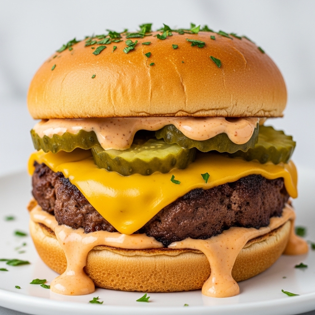 A close-up of a thick burger with a soft toasted bun top sprinkled with chopped green herbs, beneath which sits a layer of green pickle slices soaked in creamy light orange sauce with specks, followed by a bright melted yellow cheddar cheese slice and a chunky, juicy cooked ground beef patty that’s slightly crumbled and dark brown, resting on a bottom bun spread with a smooth thick orange sauce, all placed on a white plate against a white marbled background, some sauce dripping down the side and small green herb pieces scattered around. photo taken with an iphone --ar 4:5 --v 7