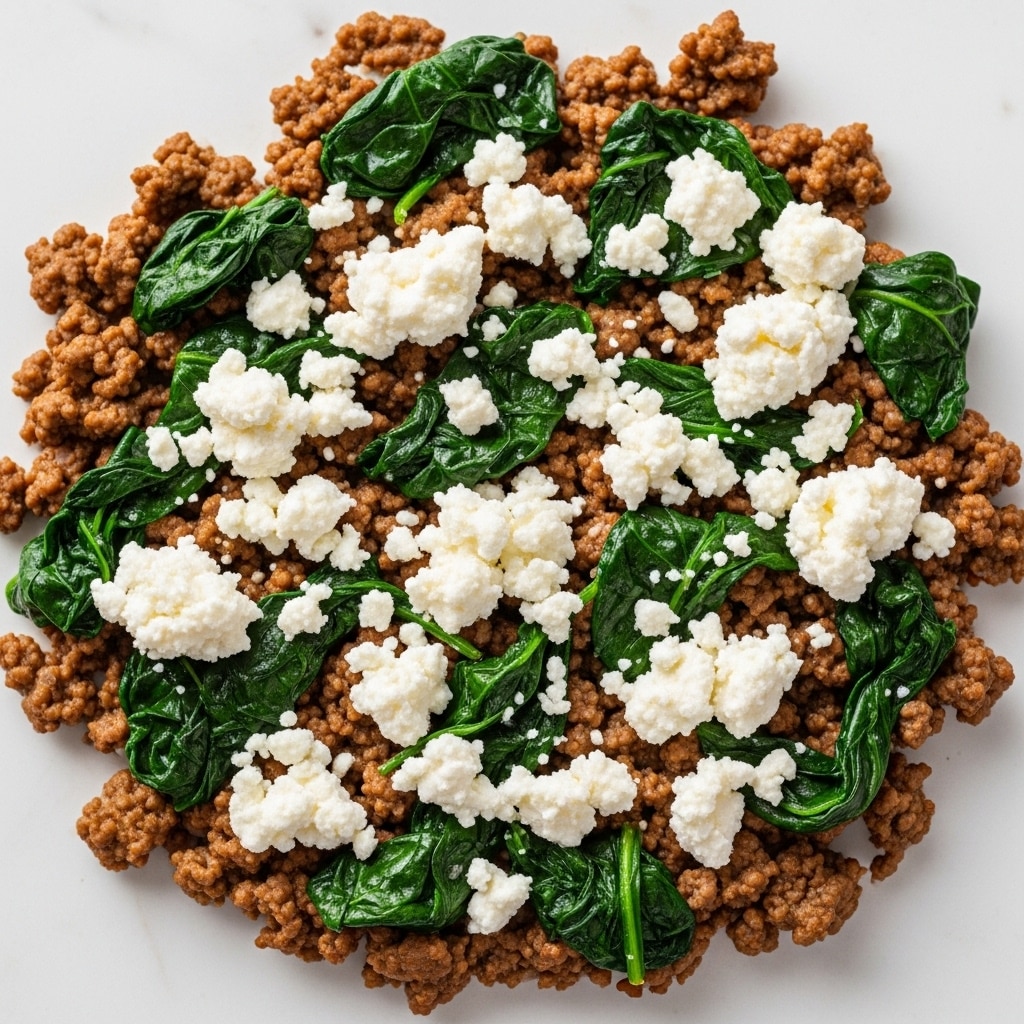The dish shows a close-up view of cooked ground meat with wilted spinach spread evenly on a simple white marbled background. On top of the meat and spinach, there are many clusters of white crumbly cheese scattered all over, adding a soft, creamy look among the darker brown and green colors. The colors contrast well with the rich brown meat, deep green spinach, and bright white cheese, with a slight shine that makes the food look fresh and moist. Photo taken with an iphone --ar 4:5 --v 7