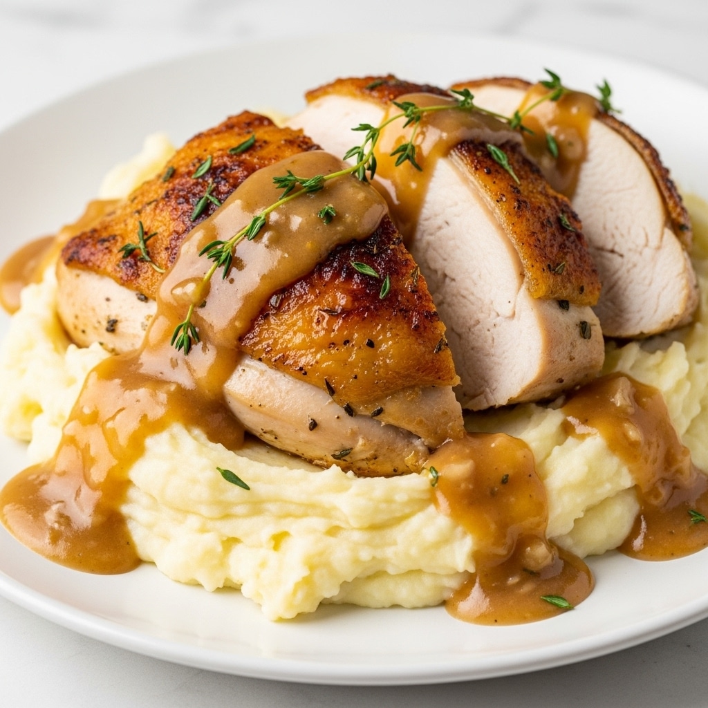 Chicken and Garlic Gravy with Cheesy Mashed Potatoes Recipe