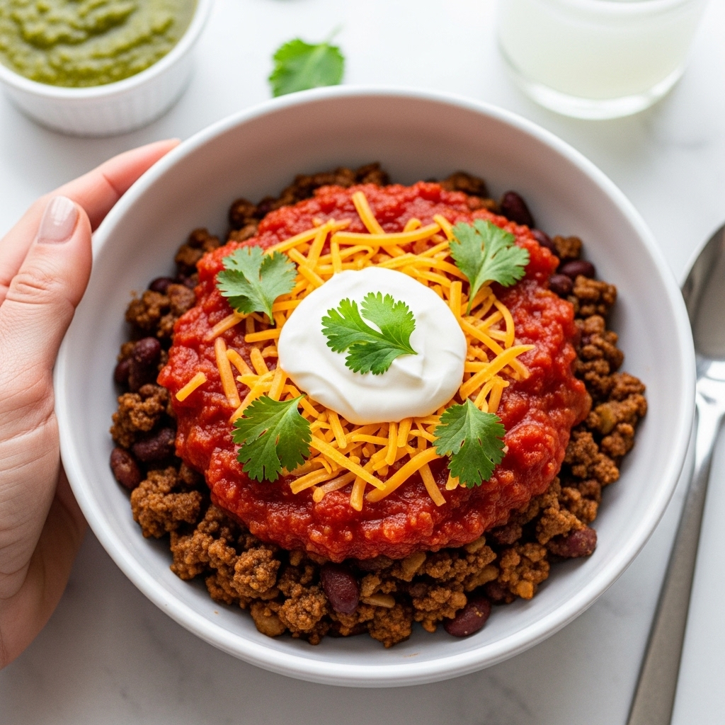 The image shows a white bowl filled with a layered chili dish. The bottom layer is dark brown cooked ground beef mixed with beans, topped with bright red chunky salsa. Over the salsa is a spoonful of shiny white sour cream placed in the center. There are thin orange shredded cheese strands sprinkled around the sour cream, with fresh green cilantro leaves scattered on top. A woman's hand is holding the bowl slightly from the side. In the background, there is a small white bowl with a green sauce, and a glass with a white liquid. The surface is a white marbled texture. Photo taken with an iphone --ar 4:5 --v 7