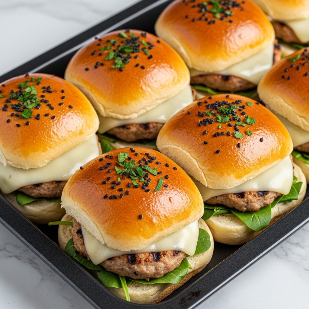 Six small sandwiches are arranged closely in a black rectangular baking tray on a white marbled surface. Each sandwich has a soft, shiny golden-brown top bun sprinkled with black seeds and chopped green herbs. Below the bun, there is a layer of melted cheese over a grilled, golden-brown patty. Under the patty, green pepper slices are visible, giving a touch of freshness. The bottom bun is pale and soft, slightly toasted, and holds all the layers together. The sandwiches look well-cooked with a glossy finish on the buns and scattered herbs around. photo taken with an iphone --ar 4:5 --v 7