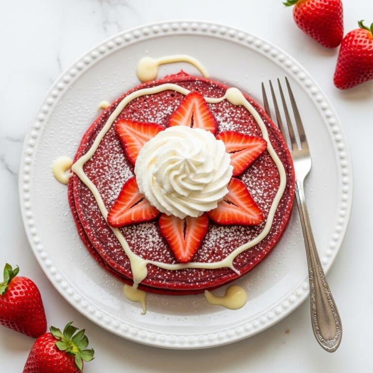 Red Velvet Pancakes with Cream Cheese Glaze and Fresh Strawberries Recipe