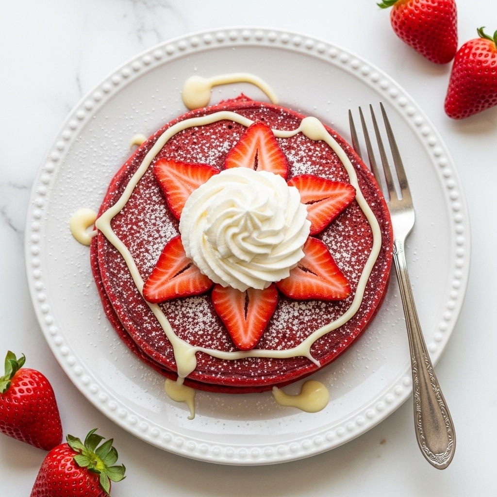 Red Velvet Pancakes with Cream Cheese Glaze and Fresh Strawberries Recipe