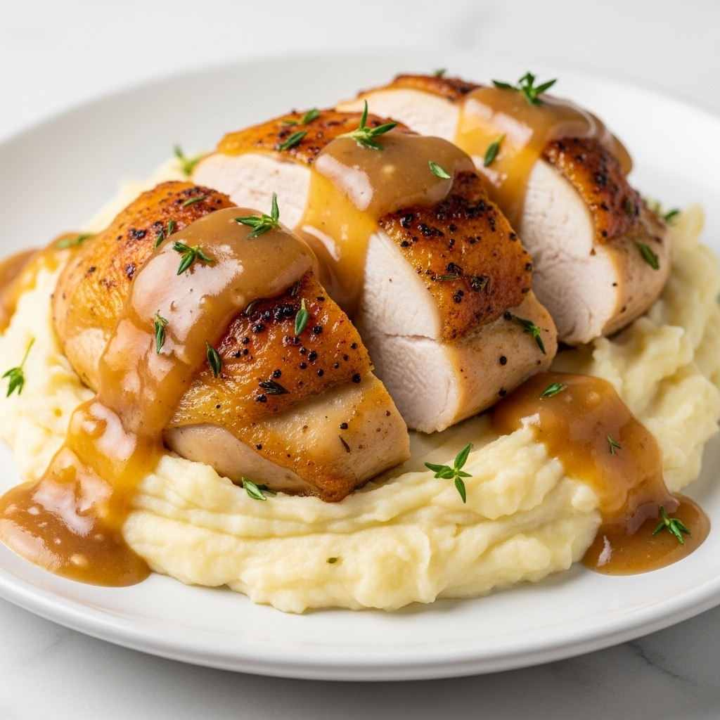 The image shows a close-up of a dish with three thick slices of golden brown roasted chicken on top of a bed of creamy mashed potatoes. The chicken has a shiny, slightly crispy skin with visible herbs like thyme scattered over it. Golden brown gravy is drizzled generously over both the chicken and mashed potatoes, giving the dish a moist and rich look. Both layers—the mashed potatoes underneath and the chicken on top—have a smooth and tender texture, with the herbs adding small pops of green color. The dish is on a white plate set against a white marbled surface. Photo taken with an iphone --ar 4:5 --v 7