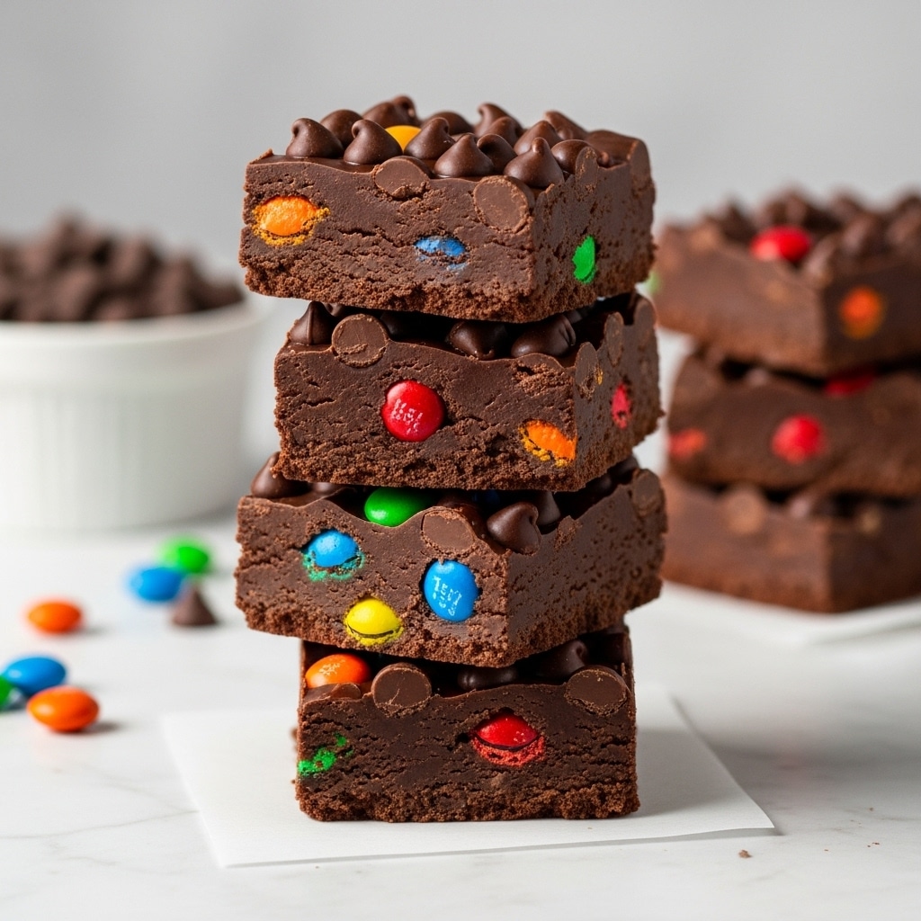 A stack of five square chocolate fudge pieces is arranged on a white square paper on a white marbled surface. Each fudge piece is dark brown and dense in texture, filled with colorful candy-coated chocolate pieces in orange, red, yellow, and green scattered inside. The top layer of each piece is covered with small, shiny chocolate chips, adding a slightly bumpy texture. In the background, there is a blurred white bowl filled with chocolate chips, and some colorful candy pieces are scattered loosely over the white marbled surface. photo taken with an iphone --ar 4:5 --v 7