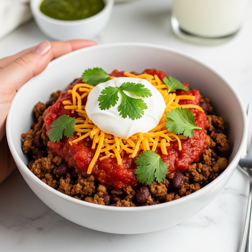 The image shows a white bowl filled with a colorful layered chili dish on a white marbled surface. The bottom layer consists of dark brown cooked ground beef mixed with beans. Above this is a bright red chunky salsa with bits of tomatoes and peppers. There is a dollop of white sour cream placed on top in the center. Around the sour cream are thin yellow cheese strands sprinkled evenly. Small green cilantro leaves are scattered over the sour cream and cheese. The bowl is surrounded by a soft cloth napkin and blurred background dishes. Photo taken with an iphone --ar 4:5 --v 7