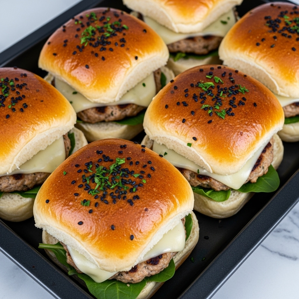The image shows six small sandwiches arranged closely in a black baking tray on a white marbled surface. Each sandwich has a smooth, shiny golden brown top bun sprinkled with black seeds and chopped green herbs. Inside, there is a layer of melted cheese covering a grilled, lightly browned patty, with some green leafy vegetables underneath. The buns are soft and slightly squared, and the sandwiches are neatly packed next to each other. Photo taken with an iphone --ar 4:5 --v 7