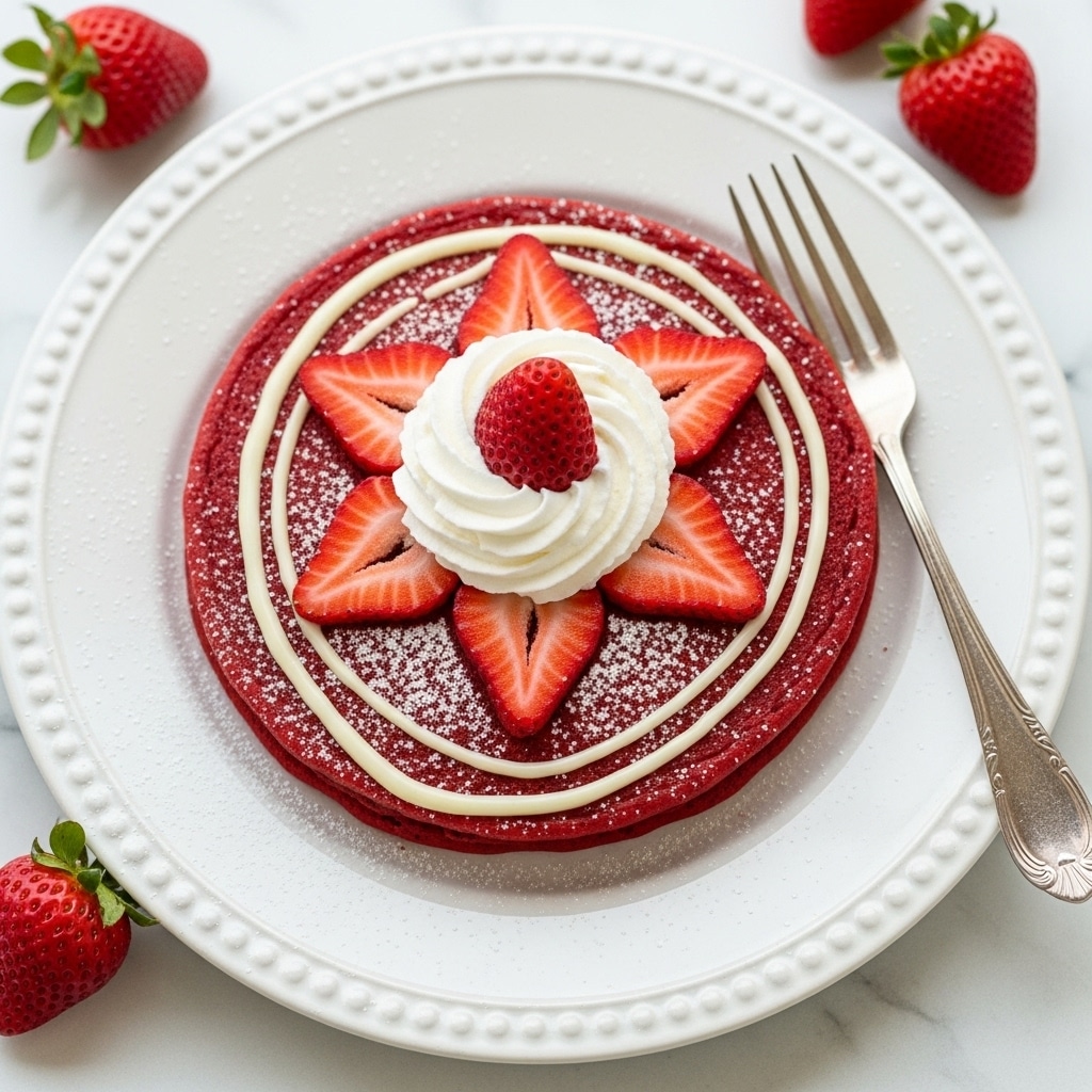 Two thick red pancakes with a soft, slightly spongy texture sit on a white round plate with a beaded edge. The pancakes are layered one on top of the other and dusted lightly with powdered sugar. Fresh, sliced strawberries form a flower shape over the center of the top pancake, and a generous swirl of whipped cream is placed in the middle. Smooth white icing is drizzled over the pancakes in curved lines. A silver fork rests on the right side of the plate. The plate is placed on a white marbled surface, with more strawberries nearby. Photo taken with an iphone --ar 4:5 --v 7