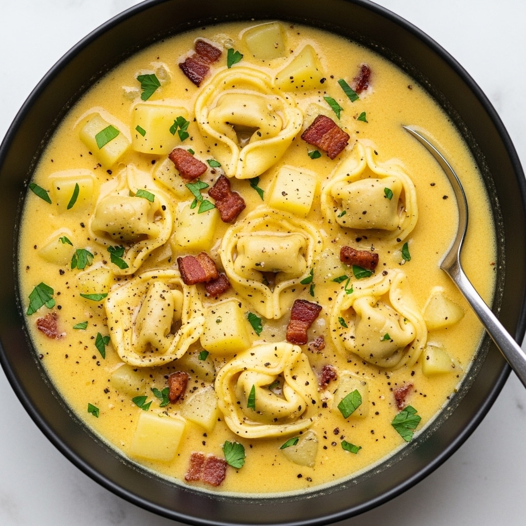 A close-up view of a black bowl filled with creamy yellow soup showing five large tortellini pasta floating on top. The soup has small pieces of browned bacon and cubes of pale yellow potatoes scattered throughout a smooth, thick broth. Finely chopped green herbs and specks of black pepper are spread evenly over the surface, adding color contrast. A silver spoon rests inside the bowl on the right side. The bowl is placed on a white marbled textured surface. photo taken with an iphone --ar 4:5 --v 7