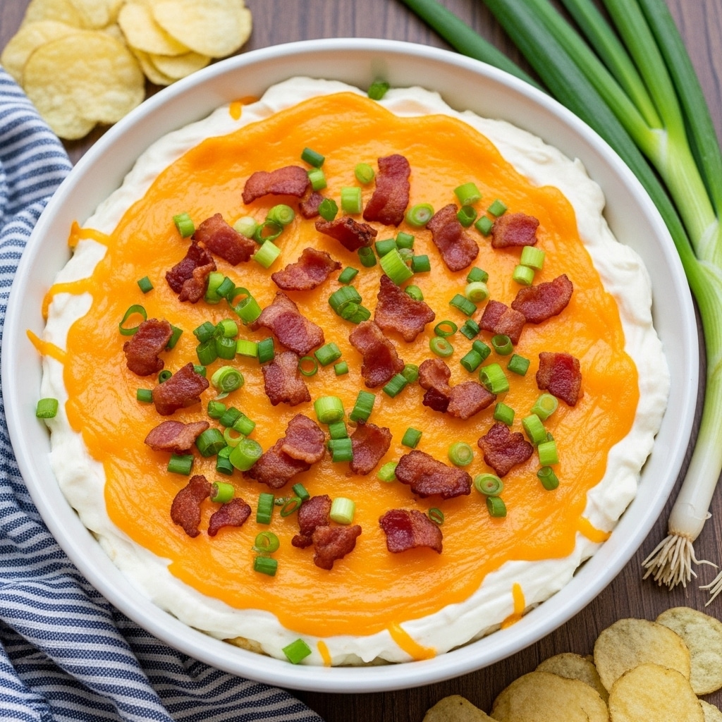A white round dish holds a baked dip with three visible layers: a creamy white base layer, a thick bright orange melted cheese layer spread evenly on top, and scattered crispy dark brown bacon pieces along with chopped fresh green onions sprinkled all over. The dish is placed on a white marbled textured surface next to a pile of light yellow potato chips, a bunch of fresh green onions, and a stack of white plates partially covered by a blue and white striped cloth. Photo taken with an iphone --ar 4:5 --v 7