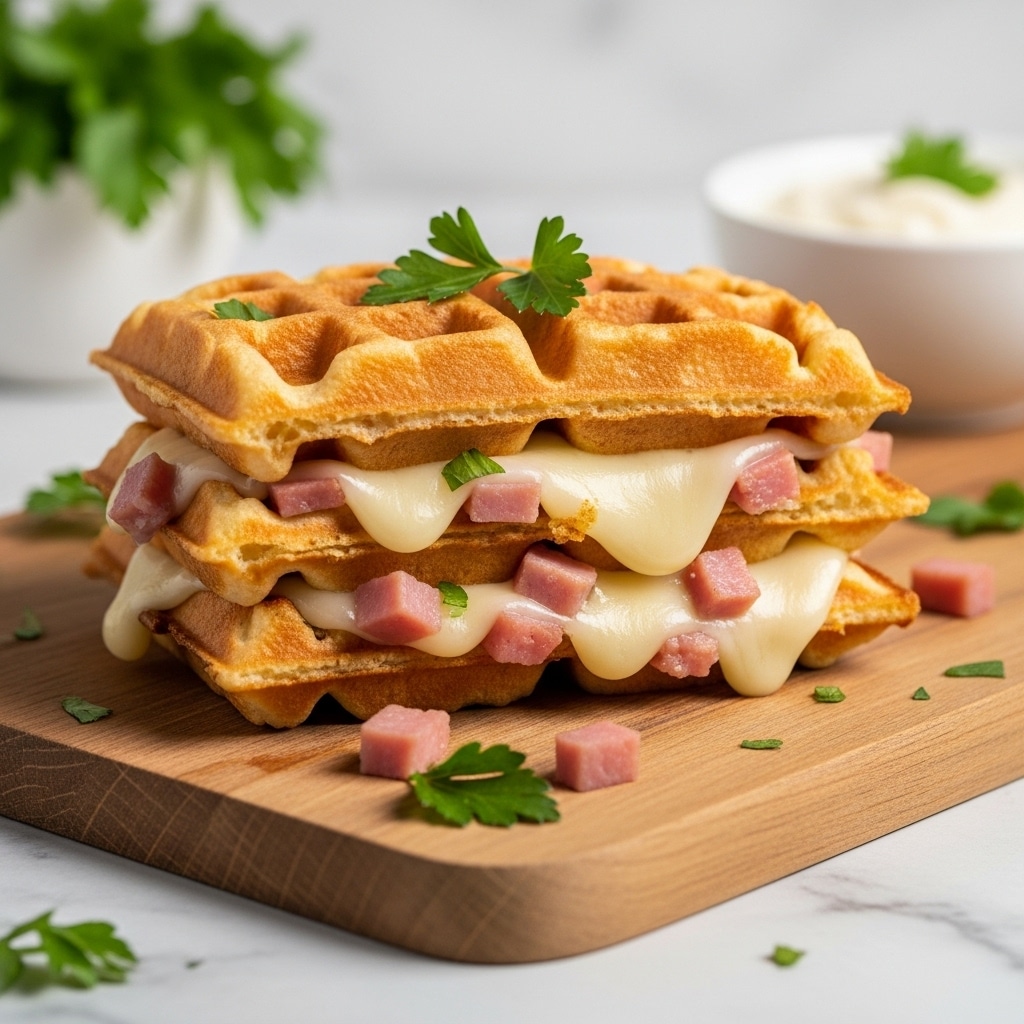 A golden brown waffle with a crispy outer layer sits on a wooden board, showing a melted layer of creamy cheese oozing out along with pieces of pink ham inside. Small bits of green herbs are sprinkled on top, adding a fresh touch. The waffle's grid pattern is clear and textured, with some cheese slightly browned and bubbling in the pockets. In the background, a blurred white bowl and a soft white cloth can be seen on a white marbled surface. photo taken with an iphone --ar 4:5 --v 7