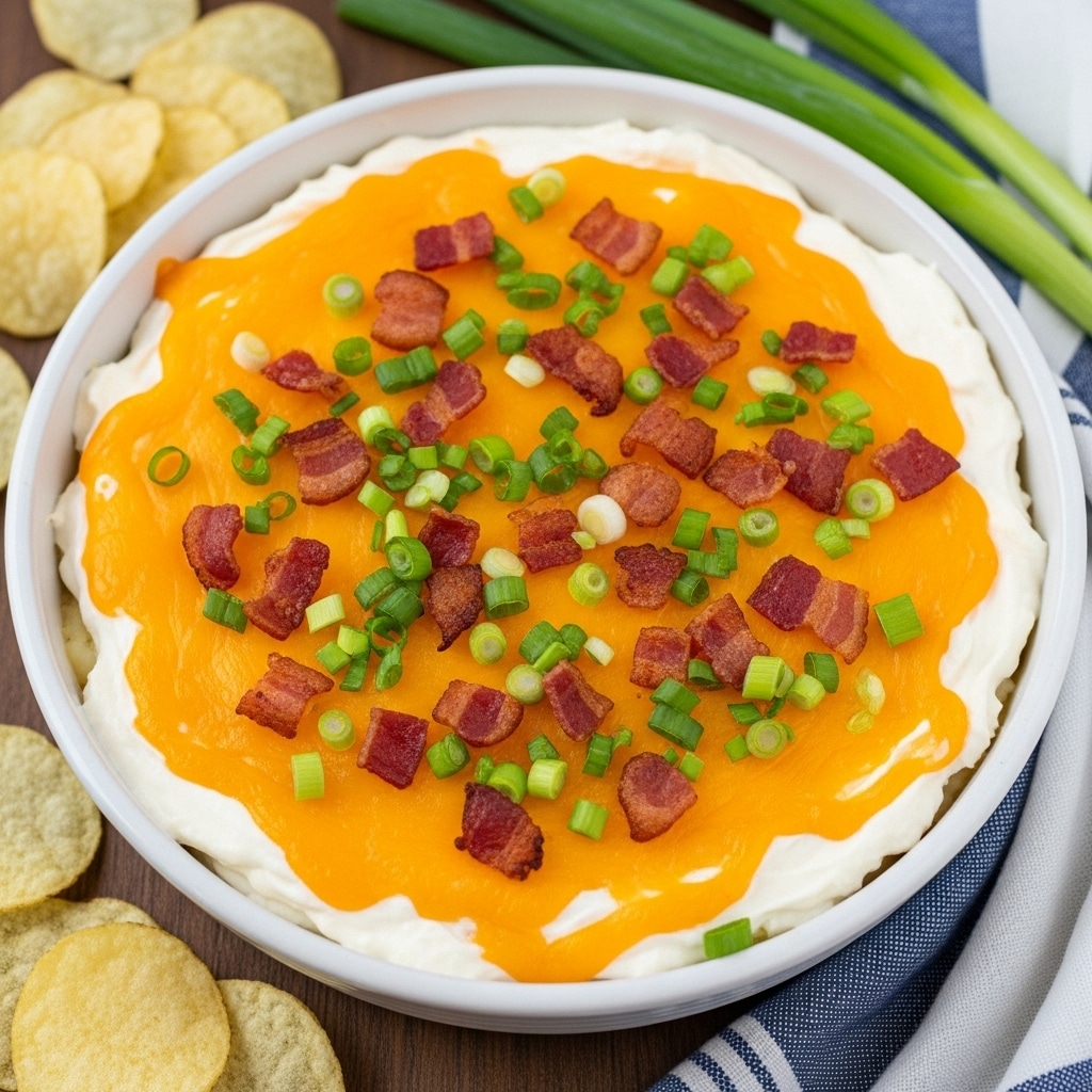 A round white baking dish holds a creamy, layered dip with a smooth white base layer topped by a thick bright orange melted cheddar cheese layer. Scattered generously on top are crispy, golden-brown bacon pieces and finely chopped green onions, adding texture and spots of green color over the orange cheese. The dish sits on a dark wood surface with a few potato chips nearby and fresh green onions resting to the side, a blue and white striped cloth peeks in from the corner. Photo taken with an iphone --ar 4:5 --v 7