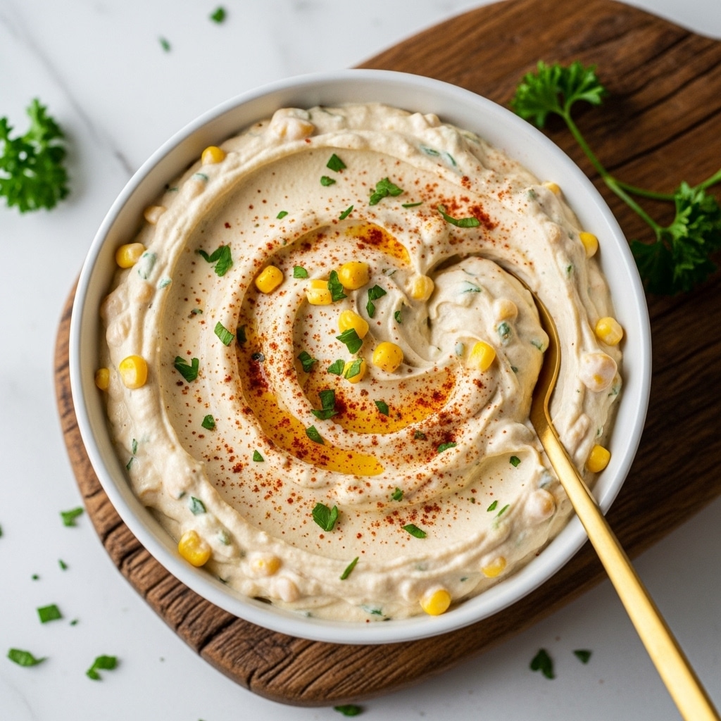 A white round bowl filled with a creamy, thick mix that has small yellow corn pieces and green chopped herbs spread throughout. The surface of the dip shows a soft, whipped texture with gentle peaks and slight ridges, sprinkled with red seasoning powder on top. A gold spoon is resting inside the bowl, partly submerged in the dip, leaning against the side. The bowl sits on a wooden board with a rough texture, placed on a white marbled surface with some scattered bits of green herbs around for decoration. Photo taken with an iphone --ar 4:5 --v 7