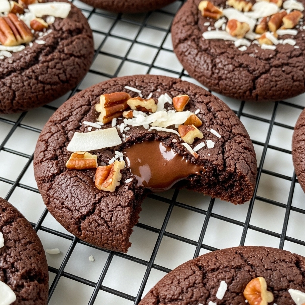 A close-up view of a soft, round chocolate cookie placed on a black cooling rack over a white marbled surface. The cookie is broken in half, showing a gooey, melted dark chocolate center. The top layer of the cookie is a rich, dark brown with a slightly rough, cracked texture, sprinkled with light tan pecans and thin, white coconut flakes, scattered unevenly on the surface. Other whole cookies with similar textures and toppings are partially visible around it. photo taken with an iphone --ar 4:5 --v 7