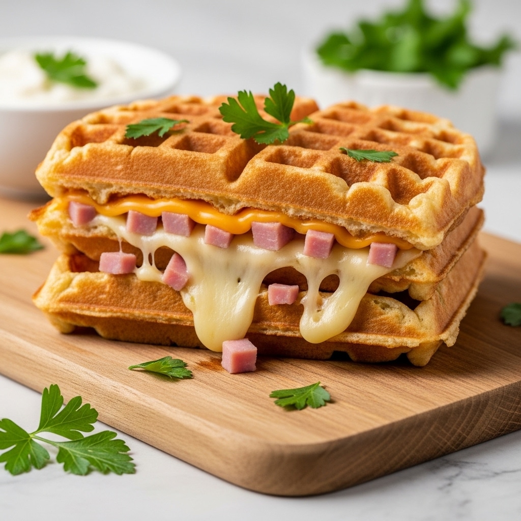 A golden brown waffle sandwich sits on a wooden board, showing two main layers inside: the top and bottom waffle layers are crispy and textured with deep square pockets, while the middle layer is filled with melted cheese that slowly oozes out, mixed with chunks of pink ham. Small green parsley leaves are sprinkled on top and around the board, adding a fresh color contrast. In the blurred background, there’s a white bowl with some creamy white sauce and more green herbs. The setting is on a white marbled surface. photo taken with an iphone --ar 4:5 --v 7