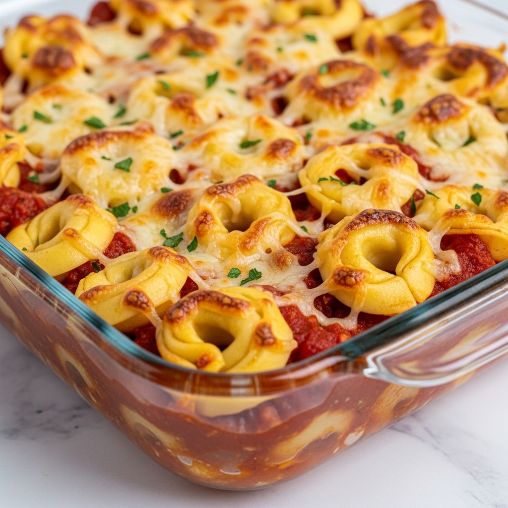 The image shows a clear glass baking dish filled with baked tortellini pasta. The dish has two visible layers: the bottom layer is a rich red tomato sauce mixed with the stuffed pasta, and the top layer is melted, golden-brown cheese with some browned spots and a sprinkling of green herbs scattered across for color contrast. The tortellini are round with small holes in the center, covered by the cheese but still visible, showing their soft, slightly wrinkled texture. The dish sits on a white marbled surface, and the focus is close-up on the pasta, highlighting the gooey and crispy cheese texture on top. Photo taken with an iphone --ar 4:5 --v 7
