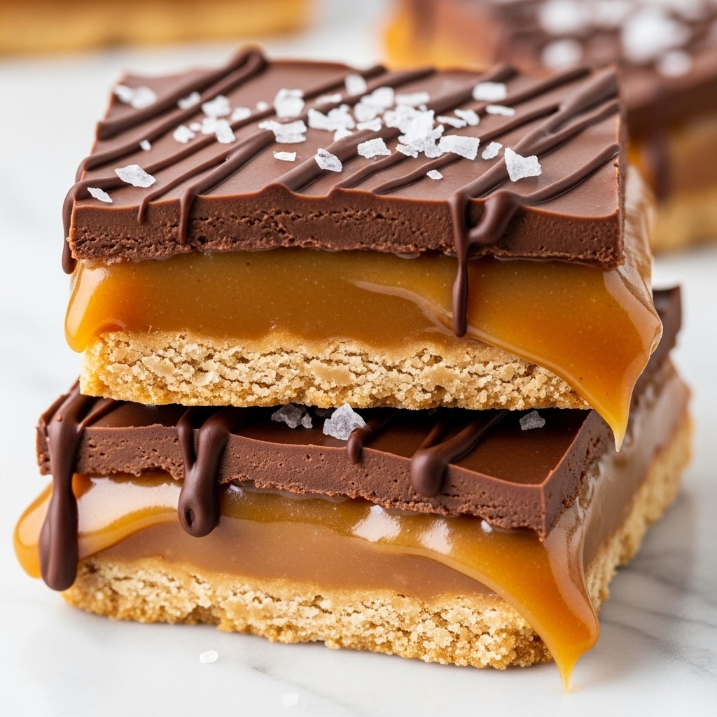 The image shows two stacked bars of a sweet treat with three visible layers. The bottom layer is made of a crunchy, pale beige cracker or biscuit. On top of that, there is a golden caramel layer which is thick and slightly melting, with some caramel dripping down the sides. The top layer is a smooth milk chocolate coating, with extra dark chocolate drizzled in thin lines across the surface. Sprinkled generously on top are large, coarse flakes of sea salt, adding texture and contrast. The bars are resting on a white marbled surface. photo taken with an iphone --ar 4:5 --v 7