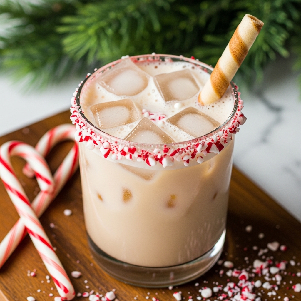 A short glass filled with a creamy light brown iced drink, with several ice cubes floating on top. The rim of the glass is decorated with crushed red and white peppermint candy pieces, creating a colorful crunchy border. A light beige wafer stick with small brown spots is placed inside the drink, leaning to one side. The glass sits on a wooden board scattered with more crushed peppermint candy and two whole striped candy canes. In the background, out of focus, are green pine branches which add a festive touch. The setting rests on a white marbled texture. photo taken with an iphone --ar 4:5 --v 7