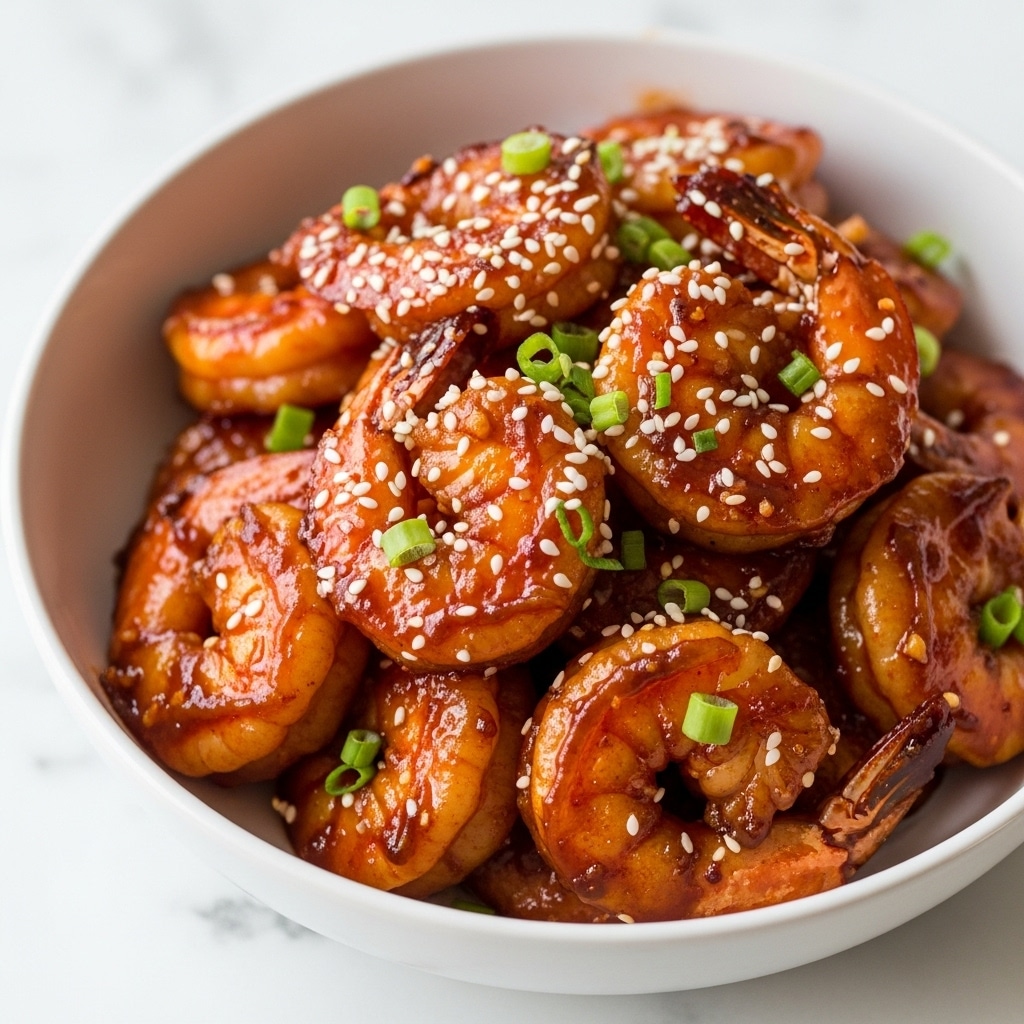 A close-up view of a bowl filled with shiny, cooked shrimp covered in a thick, glossy reddish-orange sauce. The shrimp are arranged tightly in the white bowl, with some pieces slightly overlapping and curled. The sauce has bits of chili flakes and looks sticky, giving the shrimp a rich look. Small green chopped herbs are sprinkled over the shrimp, adding a fresh contrast along with white sesame seeds scattered around. The bowl sits on a white marbled surface, enhancing the colors of the shrimp and garnishes. photo taken with an iphone --ar 4:5 --v 7