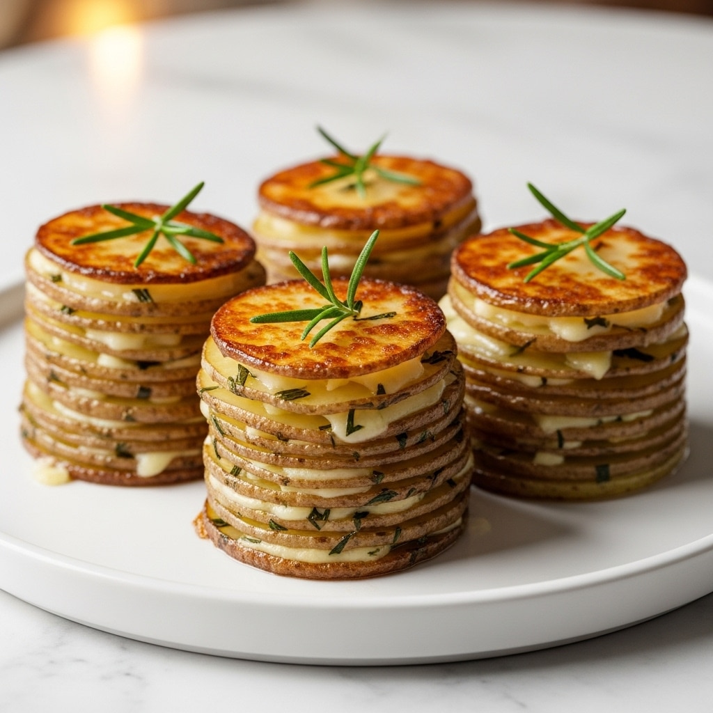 The image shows four small stacks of thinly sliced potatoes cooked to a golden brown with crispy edges, arranged closely together on a round white plate. Each stack has about 10 to 12 layers of slightly browned potato slices with herbs and melted cheese visible between the layers. On top of each stack, there is a small sprig of fresh green rosemary as garnish. The plate is placed on a white marbled surface with a softly blurry background that has warm lighting, giving a cozy feel. photo taken with an iphone --ar 4:5 --v 7
