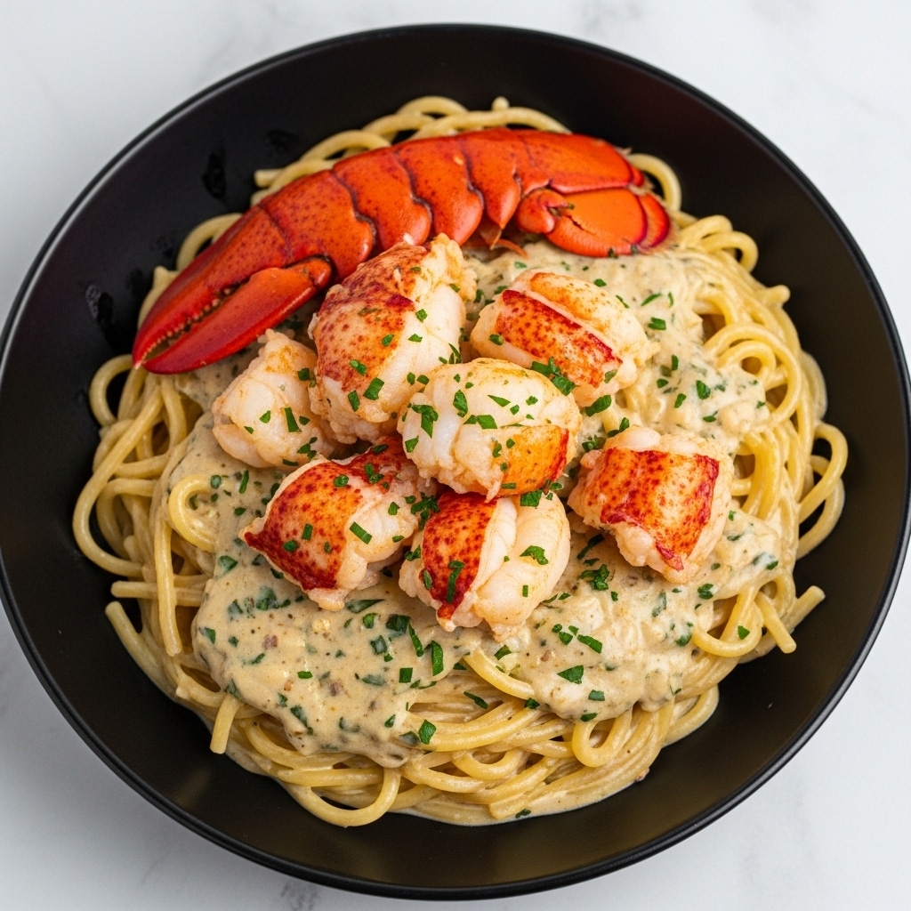 The image shows a black bowl filled with creamy pasta topped with large, well-cooked lobster pieces. The pasta at the bottom is a golden-yellow color, covered with a smooth, light cream sauce mixed with small bits of herbs. On top, there are chunks of lobster meat with a bright orange-red shell and white flesh, sprinkled with finely chopped green herbs. The creamy sauce clings to both the pasta and lobster, giving the dish a rich look. The background is a white marbled texture. photo taken with an iphone --ar 4:5 --v 7