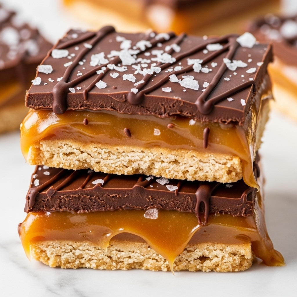 The image shows a close-up of two stacked dessert bars on a white marbled surface. Each bar has a bottom layer of crunchy, light brown cracker base, topped with a soft layer of gooey caramel in a golden brown color. A thick layer of smooth milk chocolate covers the caramel, with darker chocolate drizzled in thin wavy lines on top. Large grains of white sea salt are scattered over the top chocolate layer, adding texture and contrast. Some caramel and chocolate layers are melting slightly on the edges, creating a rich and inviting look. Photo taken with an iphone --ar 4:5 --v 7