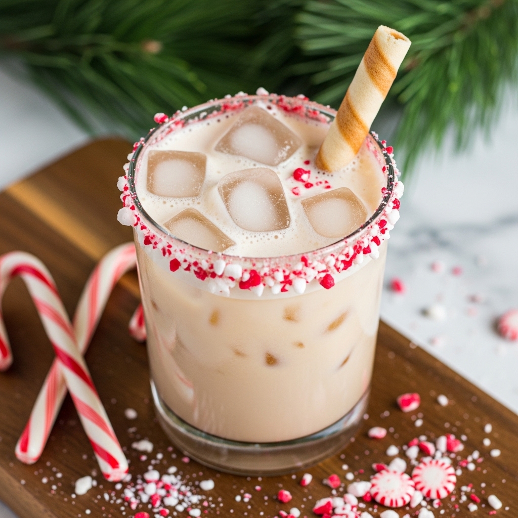 A clear glass filled with light beige iced beverage, showing multiple ice cubes floating near the top, with a visible creamy foam layer on the surface. The glass rim is coated with crushed red and white peppermint candy pieces, adding a festive touch. A long wafer stick with light brown spots is placed inside the drink, leaning out slightly. The glass is set on a wooden board, scattered with some more crushed candy and two whole candy canes resting on the left side. Green pine leaves appear blurred in the background, creating a holiday feel, all set against a white marbled surface. photo taken with an iphone --ar 4:5 --v 7