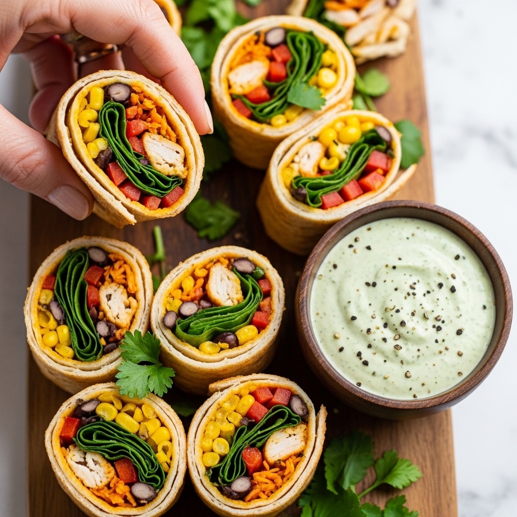 The image shows several golden brown, crispy rolled tortillas filled with colorful ingredients like yellow corn, black beans, shredded chicken, red bell peppers, and green leafy vegetables. The inside layers are vibrant and fresh, packed tightly inside the crunchy outer shell. A woman's hand is holding one roll, showing the filled layers from a close angle. The rolls are laid on a wooden board with chopped green herbs sprinkled on top and around them. Next to the rolls, there is a small dark wooden bowl filled with a creamy green sauce that has black pepper specks. The whole scene is set on a white marbled surface. photo taken with an iphone --ar 4:5 --v 7