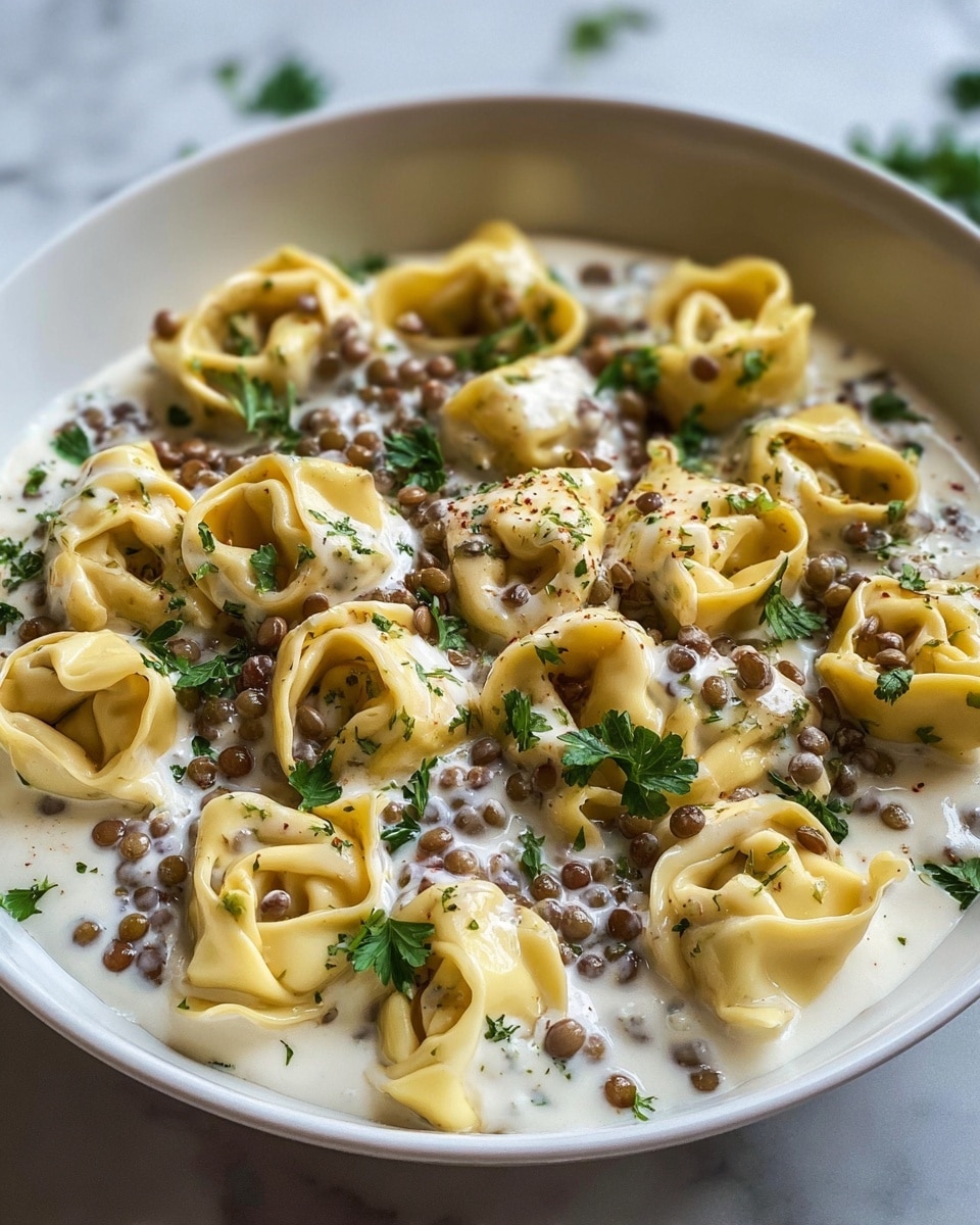 A white bowl filled with soft, yellow tortellini pasta arranged evenly on top of a creamy white sauce mixed with small brown lentils. The sauce looks thick and smooth, covering the bottom layer and surrounding the tortellini. Fresh green parsley leaves are scattered lightly across the dish, adding spots of bright green color. The bowl sits on a white marbled surface. photo taken with an iphone --ar 4:5 --v 7