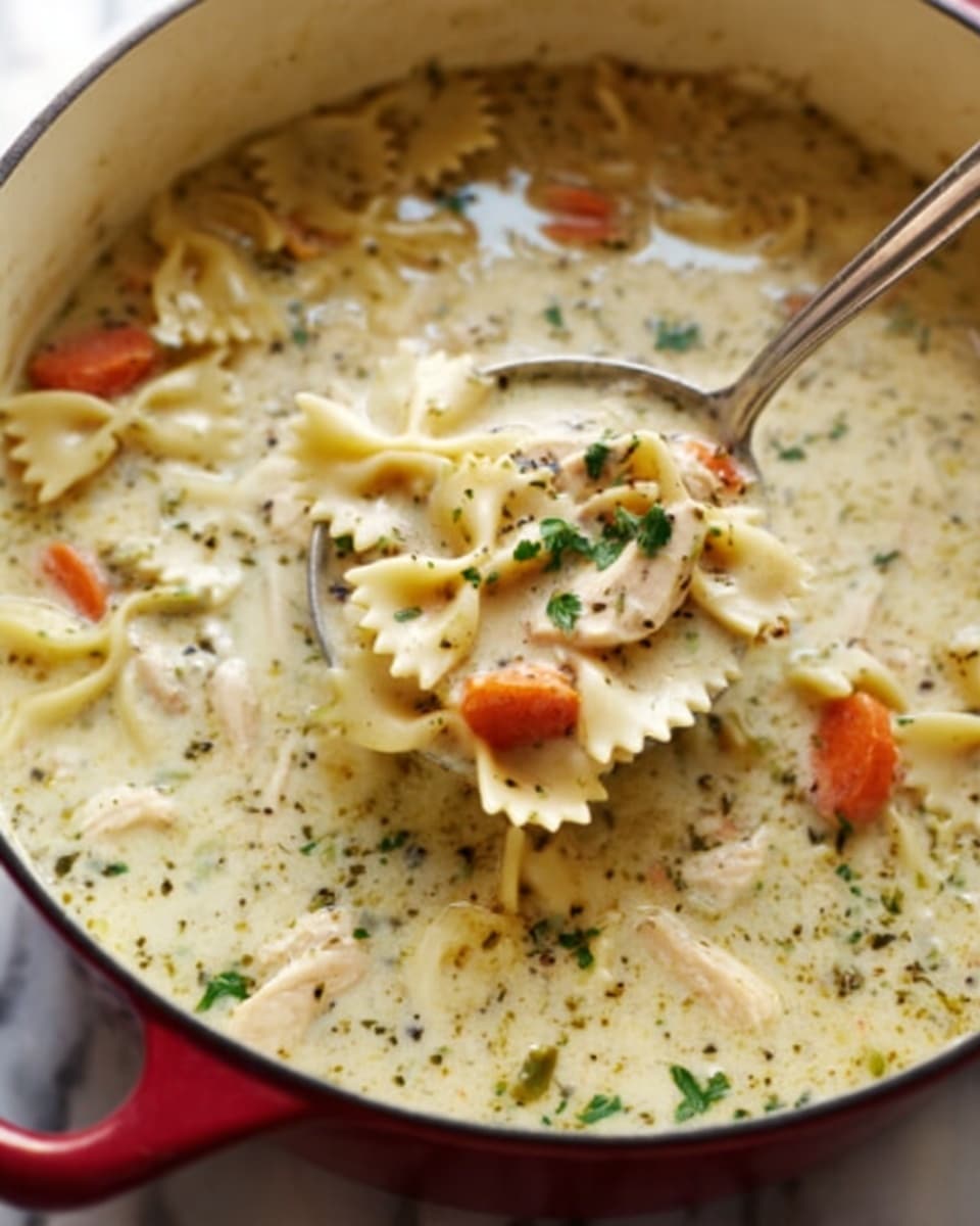 A white pot filled with creamy soup that has bowtie pasta floating in it, with small pieces of chicken and sliced carrots visible. The soup looks thick and has green herbs sprinkled on top. A spoon is scooping some pasta and soup, showing the creamy texture clearly. The background is a white marbled surface. photo taken with an iphone --ar 4:5 --v 7