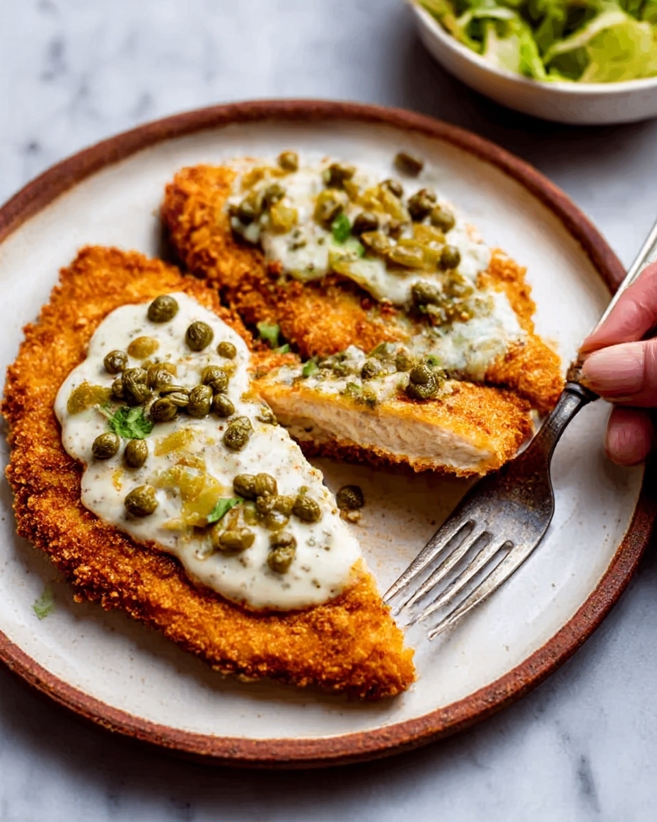 The image shows two pieces of breaded and cooked chicken cutlets placed side by side on a white plate with a rustic brown rim, set on a white marbled surface. Each cutlet is golden brown and crispy, topped with a creamy white sauce that appears thick and smooth, spread unevenly over the upper surface. The sauce is garnished with small green capers scattered on top. A silver fork and knife are placed on the right side of the plate, with a woman's hand holding one of the cutlets, pulling a piece away to reveal the tender inside. In the background, a blurred green salad in a white bowl can be seen. photo taken with an iphone --ar 4:5 --v 7