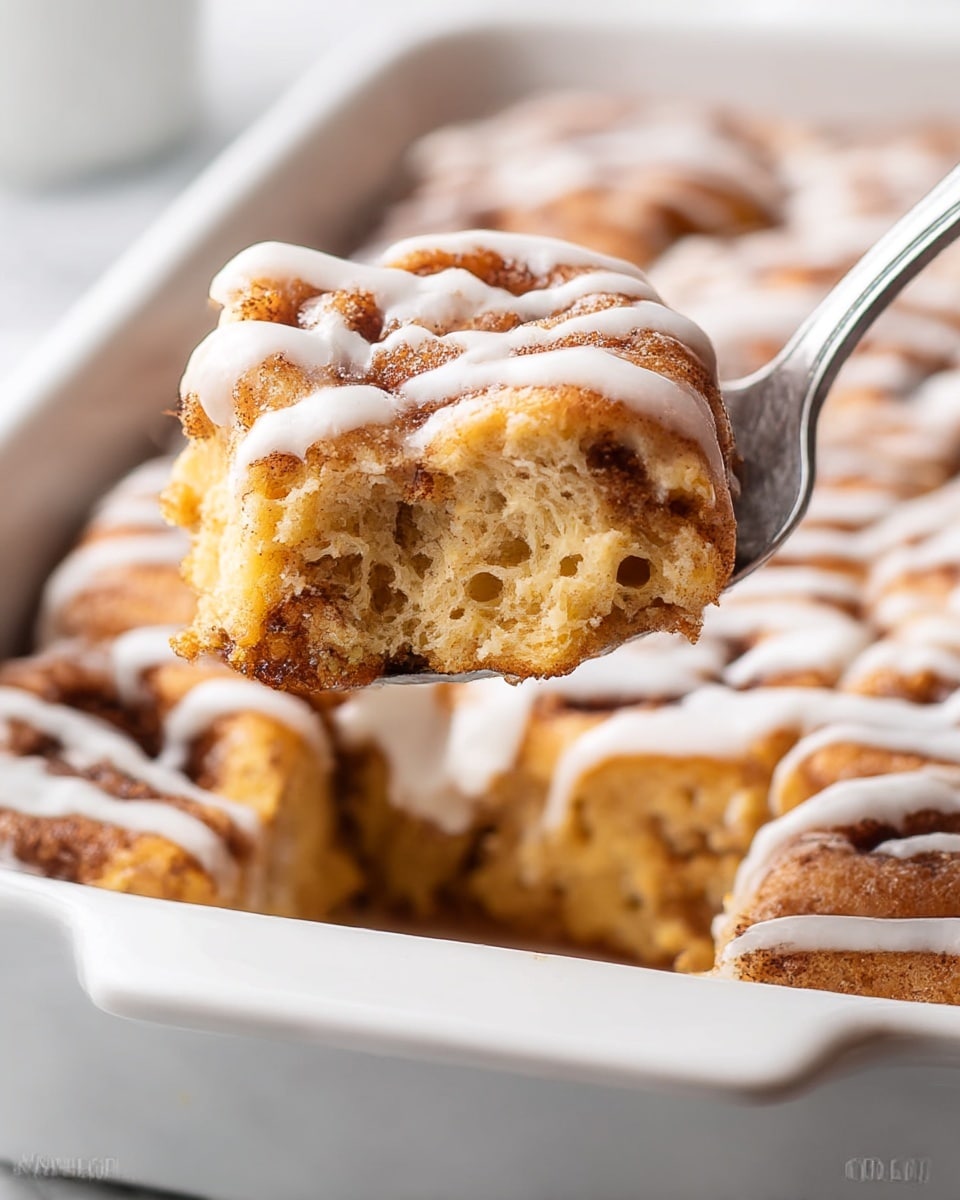 A close-up shot of a spoon lifting a piece of cinnamon roll casserole from a white baking dish set on a white marbled surface, showing the dish's soft, light golden-brown bread base with visible air pockets, topped with swirls of darker cinnamon filling and white icing drizzled in thin ribbons over the top; the spoon holds a piece that reveals the textured, slightly crumbly inside and moist layers of cinnamon and dough underneath the icing, with the rest of the casserole blurred in the background. photo taken with an iphone --ar 4:5 --v 7