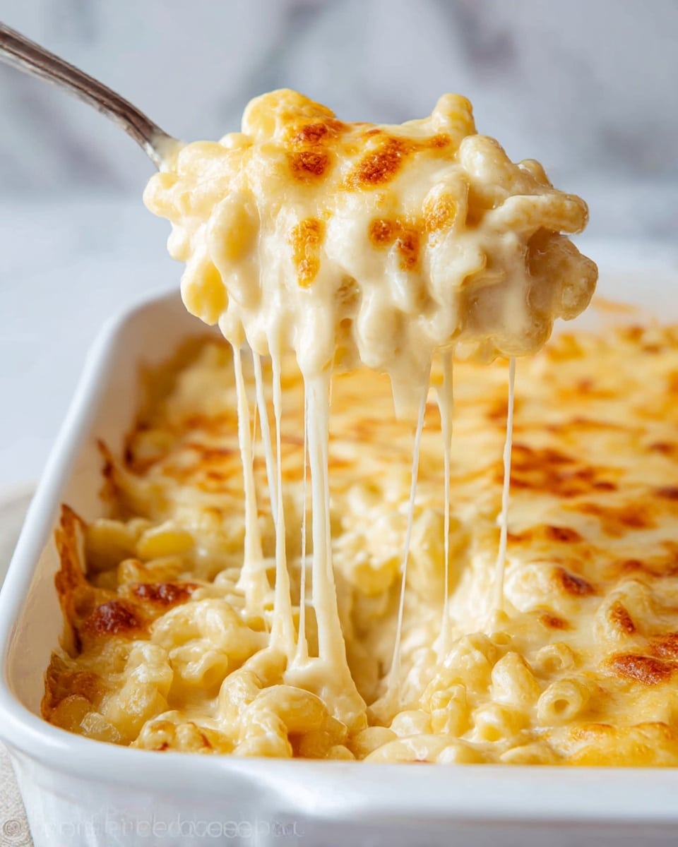 A white baking dish full of creamy macaroni and cheese is shown, with a spoon lifting a serving above it. The top layer is golden brown with melted, slightly crispy cheese showing small browned spots. Underneath, the macaroni is covered in a thick, smooth cheese sauce that looks soft and gooey. Cheese strands stretch from the lifted serving back to the dish, emphasizing the creaminess. The macaroni pieces are small and curved, coated evenly in the rich sauce. The background is a white marbled texture. photo taken with an iphone --ar 4:5 --v 7