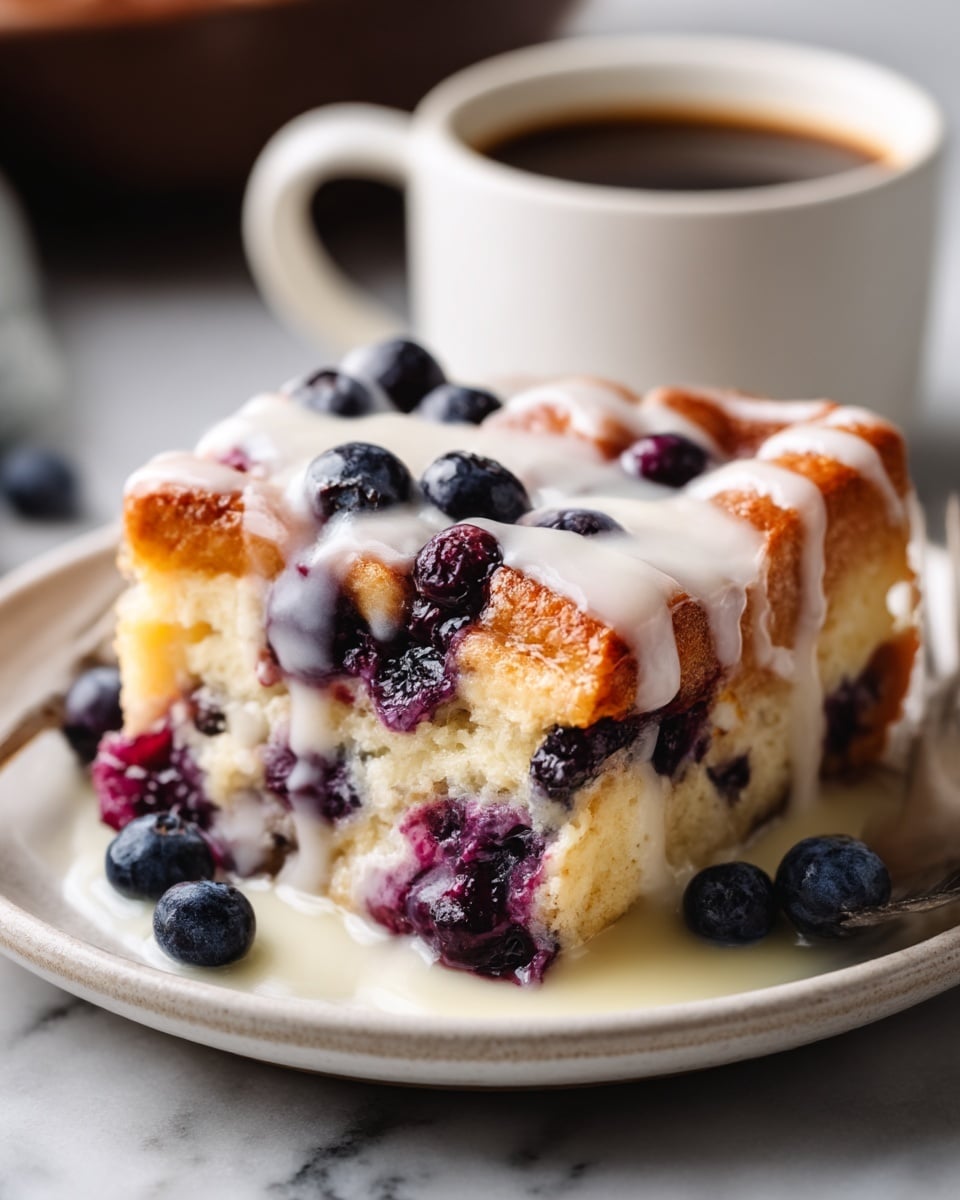 A close-up image of a white plate holding a thick slice of blueberry bread pudding with a golden brown crust and soft, creamy inside. The dish has a visible layer of fresh dark blueberries mixed inside and on top, covered with smooth white glaze drizzled generously over the top. The bread pudding looks moist and fluffy with the blueberries creating dark purple spots and juice stains throughout. A white cup filled with coffee is placed in the background on a white marbled surface, adding a cozy feel. photo taken with an iphone --ar 4:5 --v 7