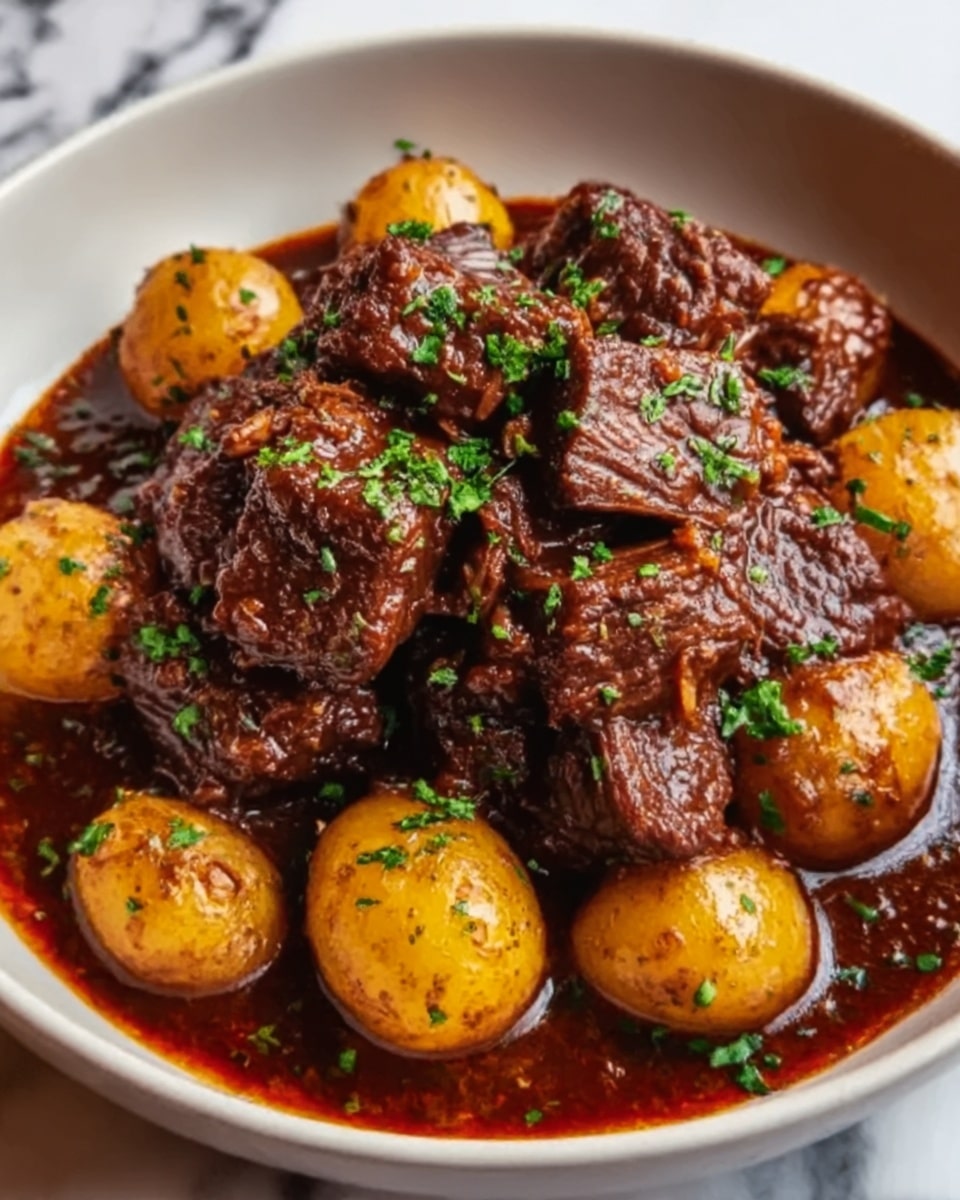 A white bowl filled with a rich, dark brown stew made of tender chunks of meat, layered on top, with a thick, glossy sauce that looks spicy and well-cooked. Around the meat, there are several small golden-yellow potatoes soaking in the sauce. The dish is sprinkled with fine green herbs, adding a fresh touch on top. The background is a white marbled texture, emphasizing the colors of the food. Photo taken with an iphone --ar 4:5 --v 7