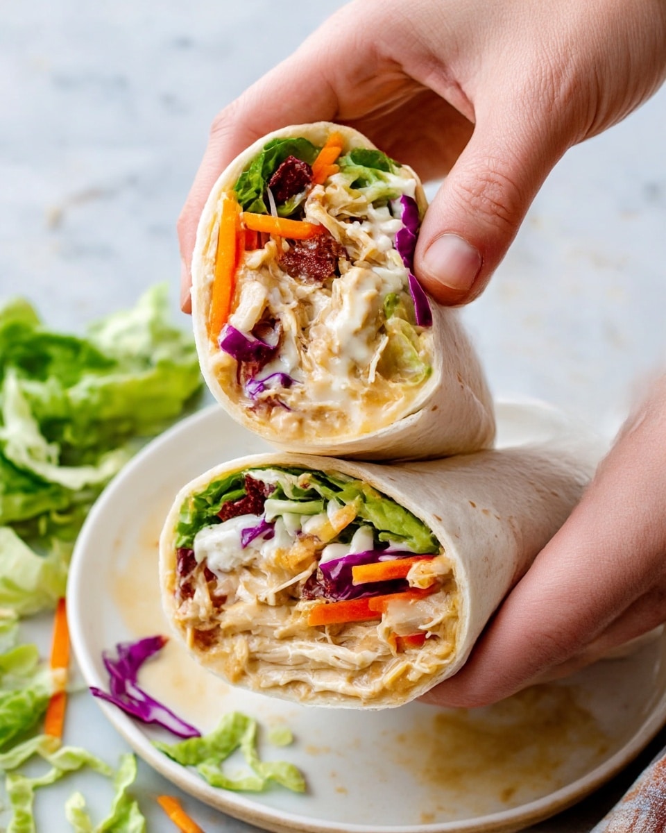 The image shows two halves of a wrap stacked on top of each other on a clean white plate. Each half is filled with layers of shredded cooked chicken in a light brown color, bright orange carrot strips, purple cabbage, and fresh green lettuce, all wrapped tightly in a soft white tortilla. The plate is placed on a white marbled surface with some loose bits of lettuce and cabbage around it. A woman's hand is lifting the top wrap half slightly, showing the colorful filling inside. photo taken with an iphone --ar 4:5 --v 7