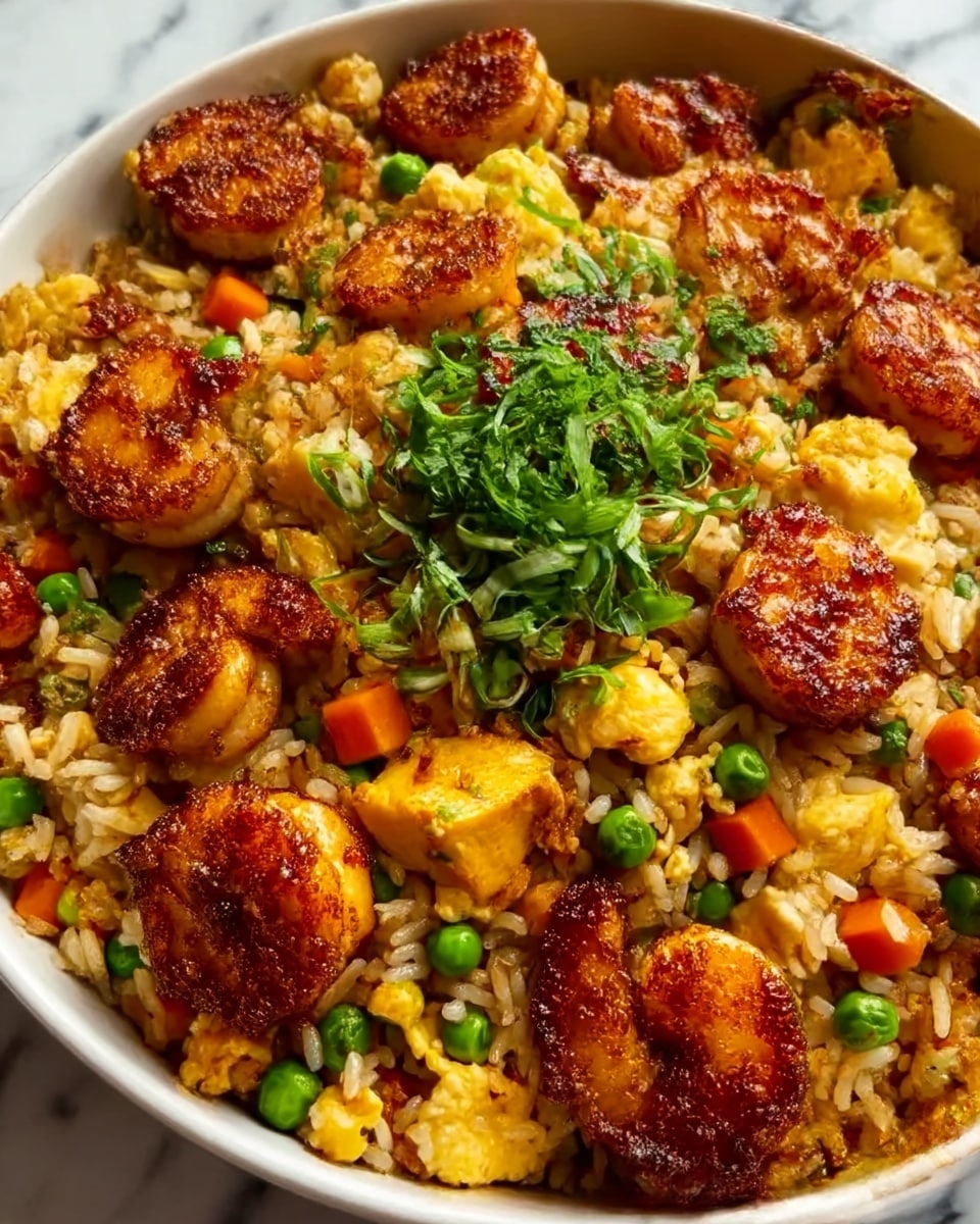 A close-up view of a bowl filled with fried rice layered with golden scrambled eggs, green peas, small orange carrot pieces, and browned shrimp on top. The shrimp are scattered around with a slightly crispy, dark golden-brown coating. In the center, there is a small bunch of fresh green herbs adding a pop of color. The bowl is white, set on a white marbled surface. Photo taken with an iphone --ar 4:5 --v 7