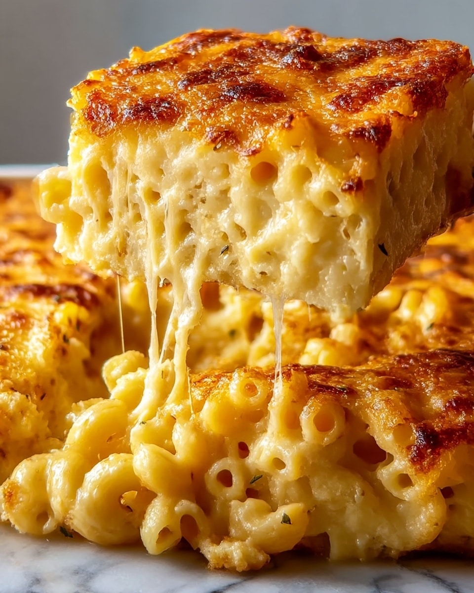 A close-up of a thick, square slice of baked macaroni and cheese being lifted, showing three main layers: a golden-brown, crispy top layer with bits of browned cheese, a middle layer of creamy, light yellow cheese sauce mixed with elbow macaroni, and a bottom layer of more baked pasta. The macaroni looks soft and well-coated in melted cheese, with strings of cheese stretching as the slice is lifted. The dish is set on a white marbled surface. Photo taken with an iphone --ar 4:5 --v 7