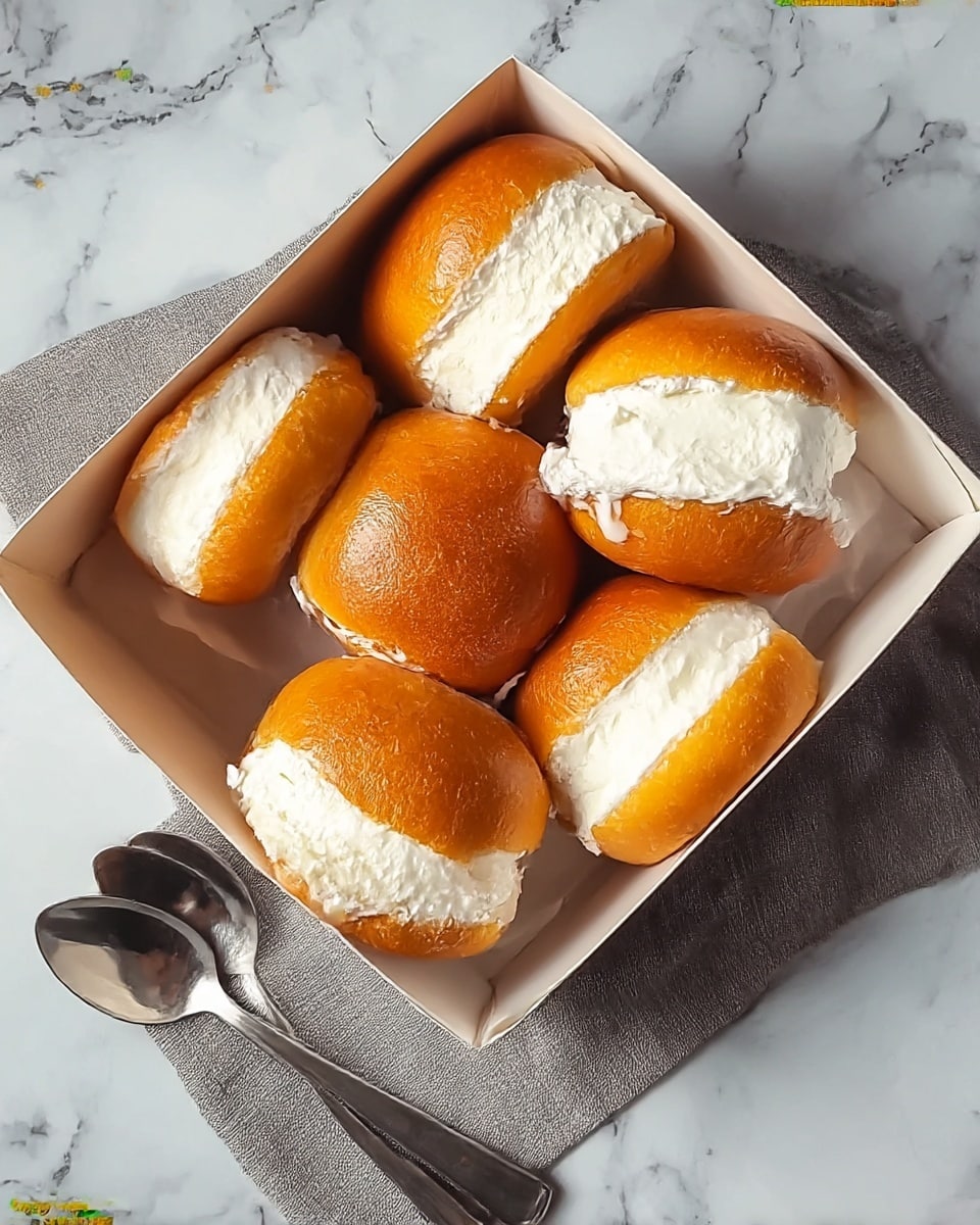 Five round golden brown buns with a shiny crust, each sliced open horizontally and filled thickly with white cream filling in the center, are placed snugly inside a white square box. The buns have a soft texture that contrasts with the smooth cream, which is thick and slightly glossy, almost spilling out from the sides. Next to the box, two metal spoons rest on a gray cloth, all set on a white marbled surface with faint gray veins. photo taken with an iphone --ar 4:5 --v 7