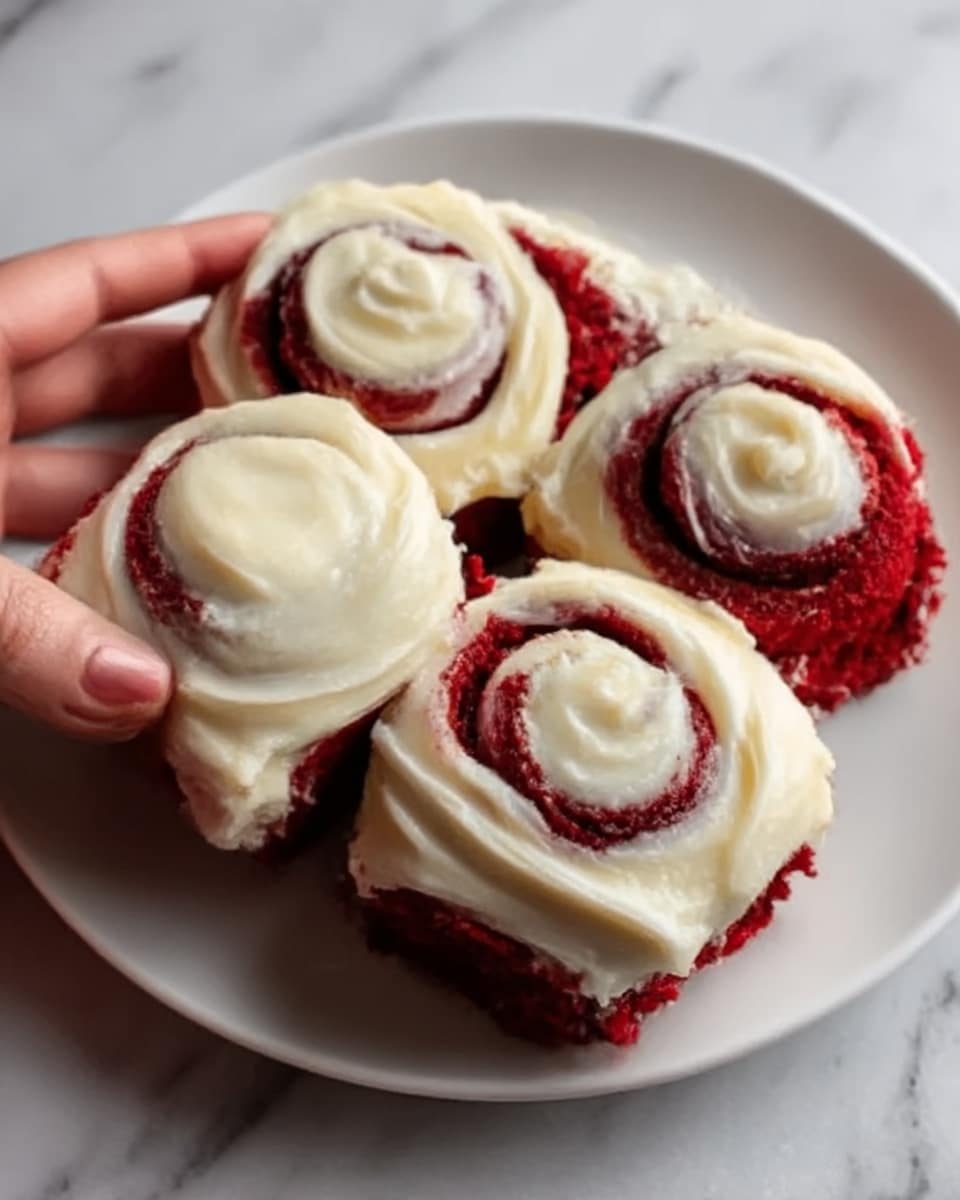 The image shows a close-up of four red velvet cinnamon rolls on a simple white plate. Each roll has two visible layers: a soft, deep red dough base with a moist texture, and a thick layer of smooth, creamy white frosting swirled on top, following the spiral shape of the rolls. The frosting is generously spread and slightly melting into the rolls, highlighting their fluffy look. The white plate sits on a white marbled surface, enhancing the colors of the red velvet and cream. A woman's hand is gently holding one roll on the left side. Photo taken with an iphone --ar 4:5 --v 7