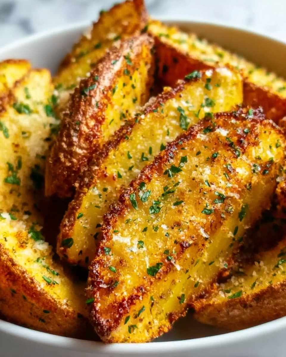 The image shows a close-up of golden potato wedges in a white bowl on a white marbled surface. The wedges are thick and crispy with a rough, crunchy texture on the outside, covered in small green herb pieces like parsley. The surface of the wedges has a mix of yellowish-gold and brown colors with specks of black pepper and tiny white salt grains, giving a well-seasoned look. The green herbs add a fresh touch, scattered evenly over the crispy wedges. Photo taken with an iphone --ar 4:5 --v 7