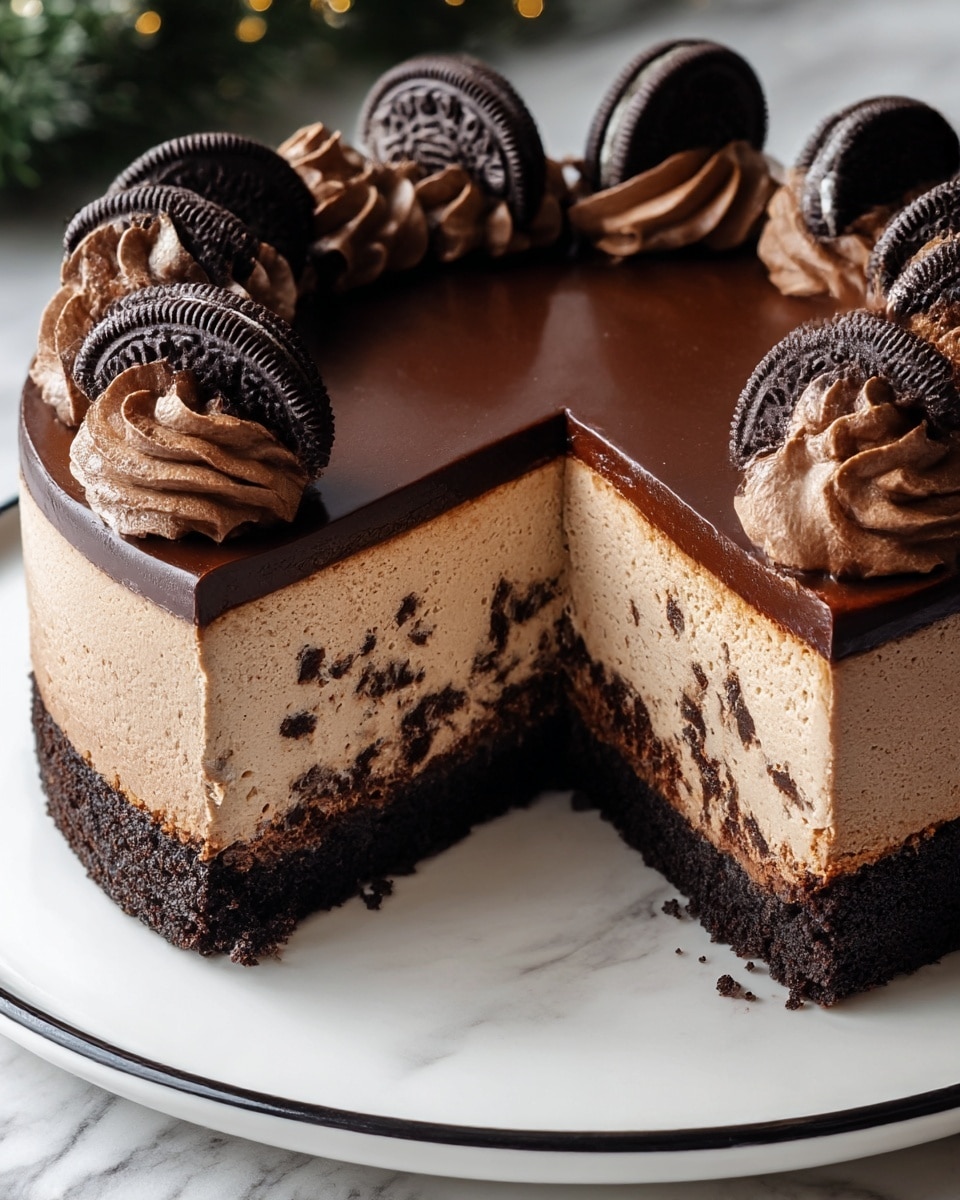 The image shows a rich chocolate cake with three distinct layers on a white plate with a black rim, placed on a white marbled surface. The bottom layer is a dense, dark chocolate crumb base, above which is a thick, creamy light brown mousse layer filled with small chocolate pieces. On top is a smooth, glossy dark chocolate ganache layer that covers the whole cake. The edges are decorated with swirls of chocolate frosting, each topped with a halved Oreo cookie, creating a ring around the top. A large slice is missing, clearly showing the layers inside. Photo taken with an iphone --ar 4:5 --v 7