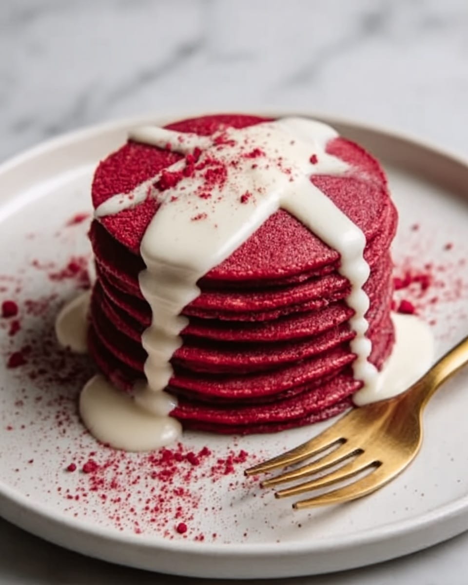 A stack of six dark red pancakes sits in the center of a white plate on a white marbled surface. The pancakes have a smooth texture and are evenly layered, topped with a creamy white sauce that drips down the sides in thick lines. There is a light dusting of red powder both on top of the pancakes and scattered around them on the plate. A gold fork rests on the right side of the plate. photo taken with an iphone --ar 4:5 --v 7