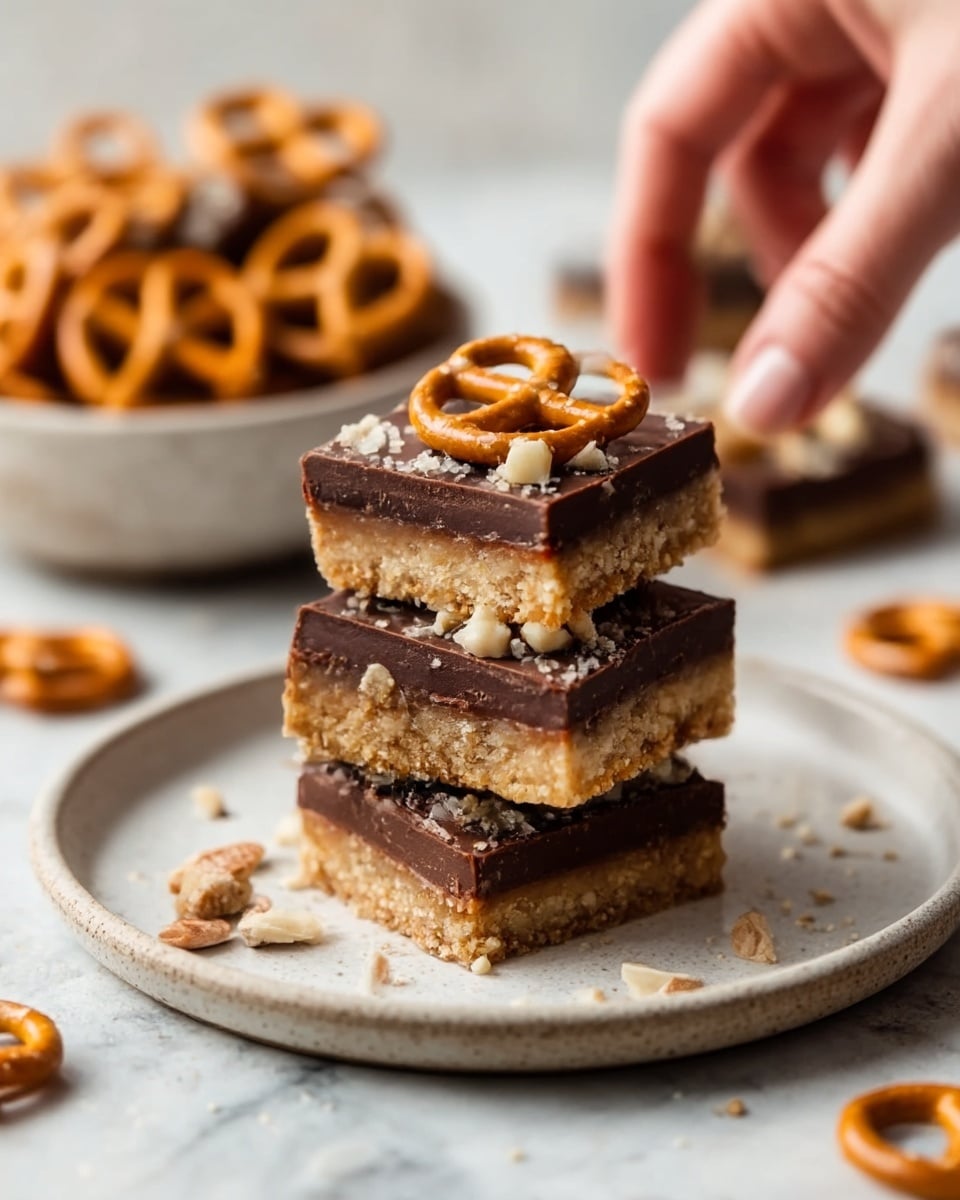 The image shows a small stack of three dessert bars on a white plate. Each bar has three layers: the bottom layer is a light tan, crumbly base, the middle layer is smooth and dark brown chocolate, and the top layer is decorated with small pretzels and chopped nuts. The bars look thick and dense, with the pretzels adding a crunchy texture. In the background, there is a bowl of pretzels, all placed on a white marbled surface. A woman’s hand is touching the plate near the stack. Photo taken with an iphone --ar 4:5 --v 7