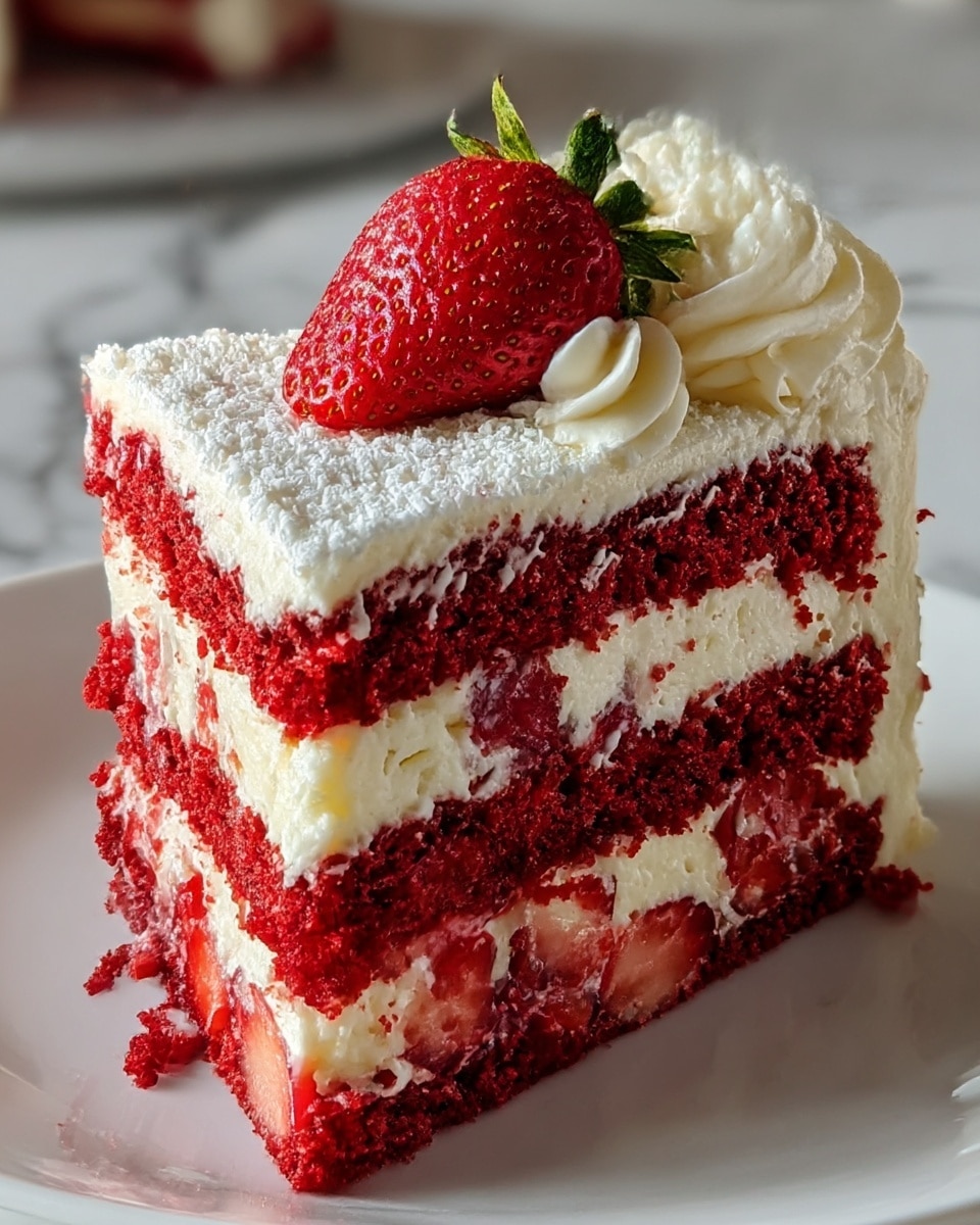 A slice of layered red velvet cake on a white plate with a white marbled background. The cake has three main layers: two deep red velvet sponge layers on the top and bottom with a cream cheese frosting layer in the middle, mixed with pieces of fresh red strawberries. The top of the cake is covered with a thick layer of white frosting, sprinkled with powdered sugar, and decorated with a whole bright red strawberry with green leaves and a small swirl of white cream on the side. The cake looks soft and moist with contrasting colors of red, white, and a hint of green. photo taken with an iphone --ar 4:5 --v 7